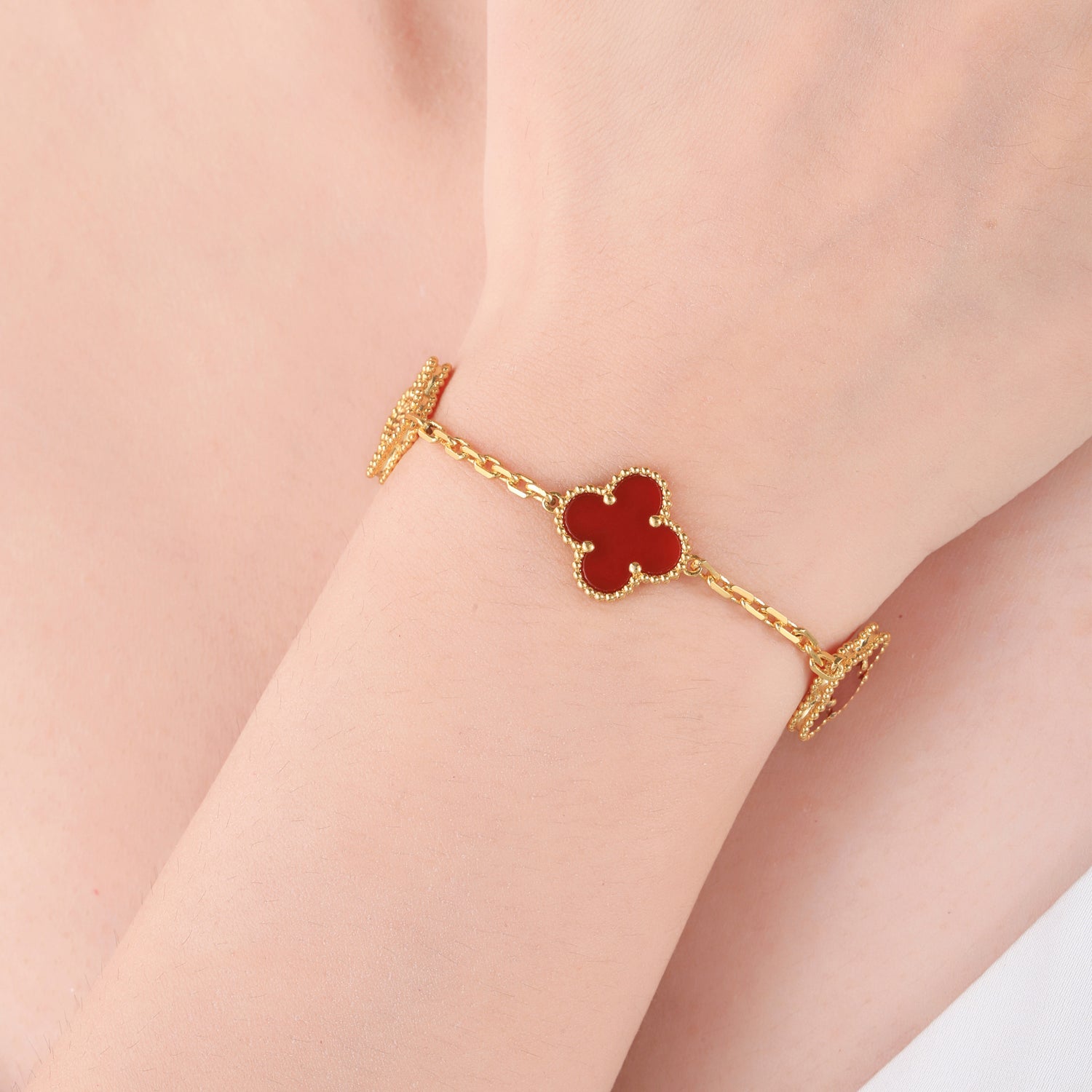 18K Gold Plated Sterling Silver Red Onyx Four - Leaf Clover Bracelet(7.48inch,0.3oz)
