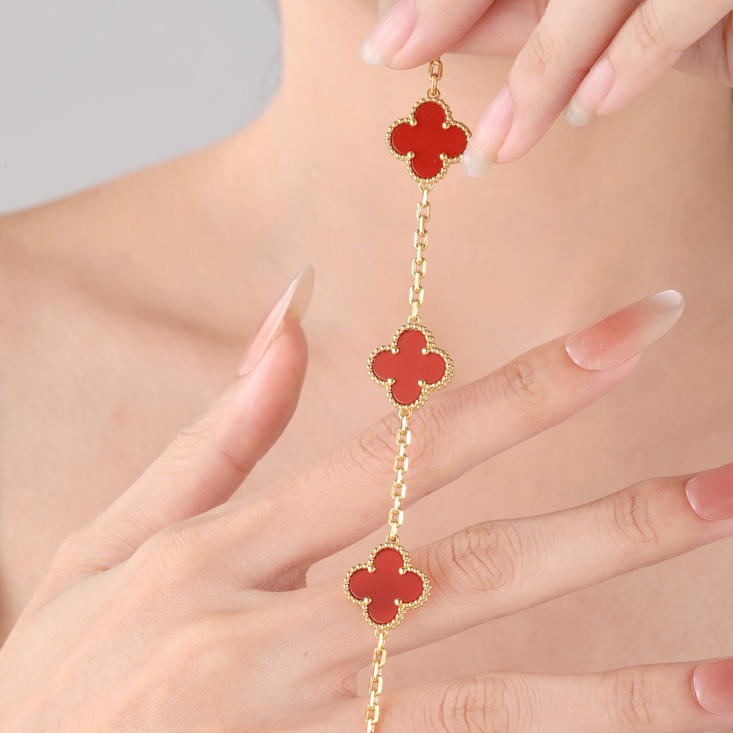 18K Gold Plated Sterling Silver Red Onyx Four - Leaf Clover Bracelet(7.48inch,0.3oz)