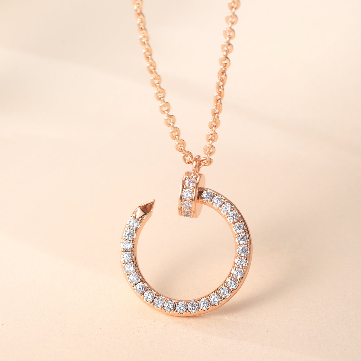 Rose Gold Plated Sterling Silver Cubic Zirconia Crescent Hoop Pendant Necklace