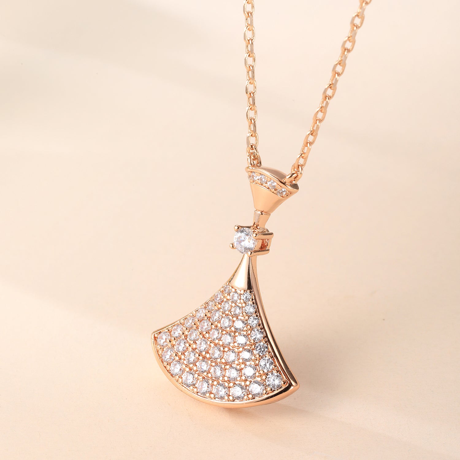 Rose Gold Plated Sterling Silver Cubic Zirconia Fan - Shaped Pendant Necklace