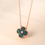 Rose Gold Plated Sterling Silver Malachite & Cubic Zirconia Four - Leaf Clover Pendant Necklace (0.3oz)