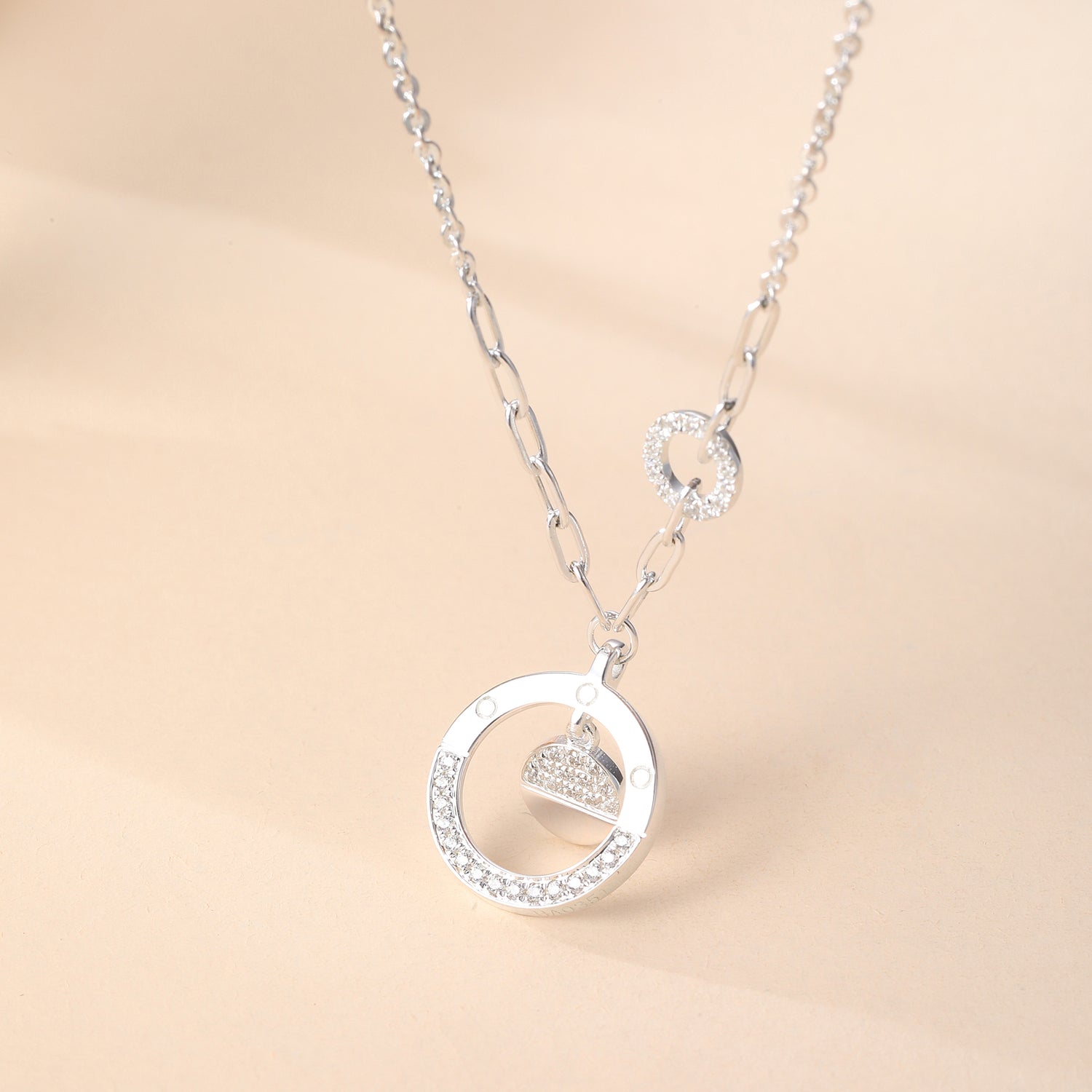 Sterling Silver Cubic Zirconia Double - Circle Pendant Necklace