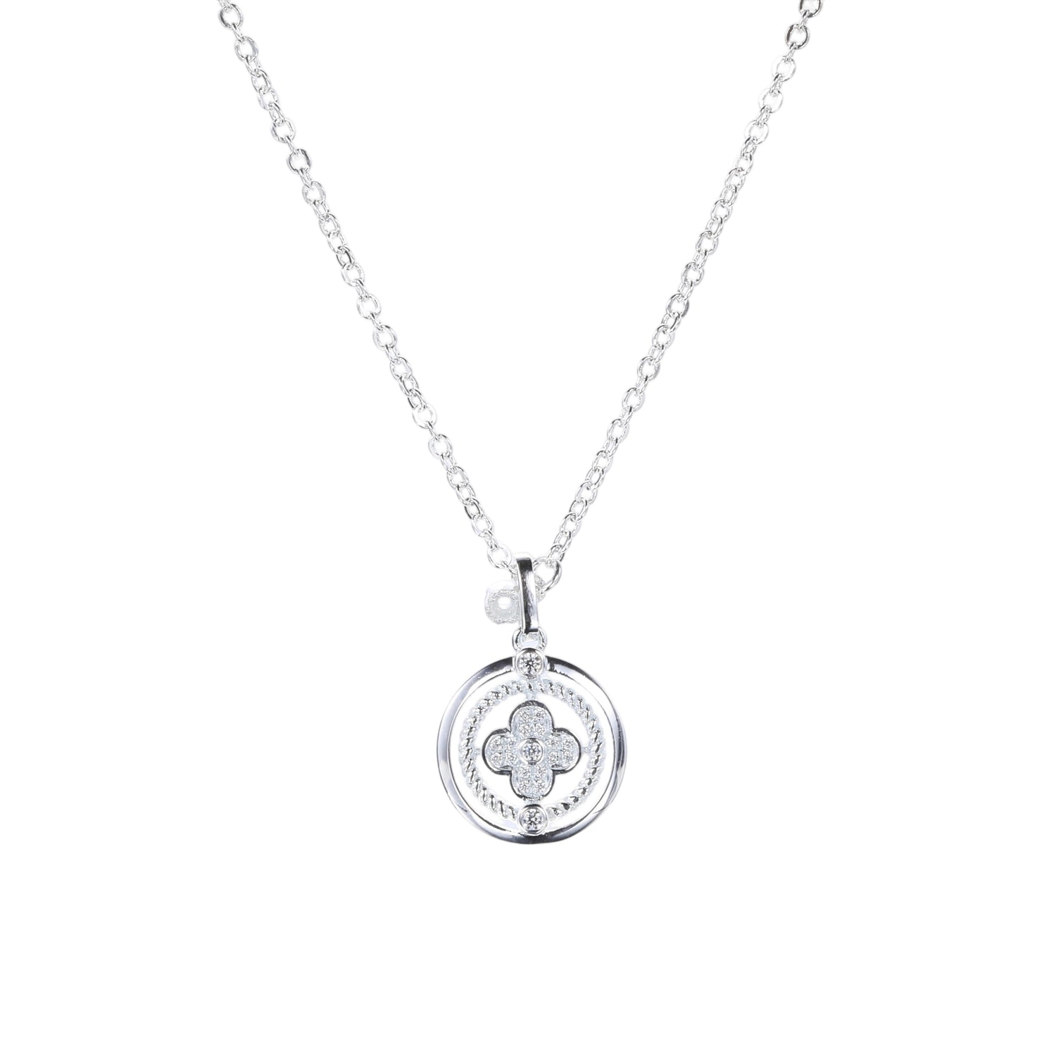 Sterling Silver Cubic Zirconia Embellished Four - Leaf Clover Circular Pendant Necklace -