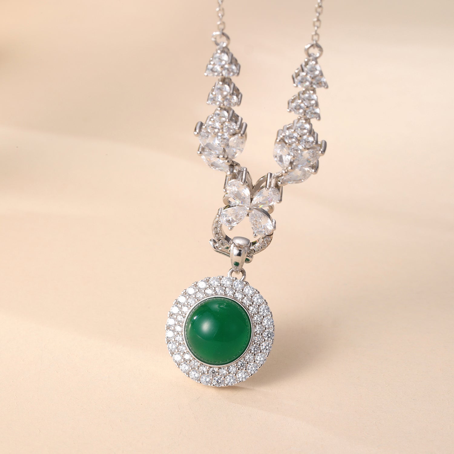 Sterling Silver Cubic Zirconia & Green Chalcedony Pendant Necklace