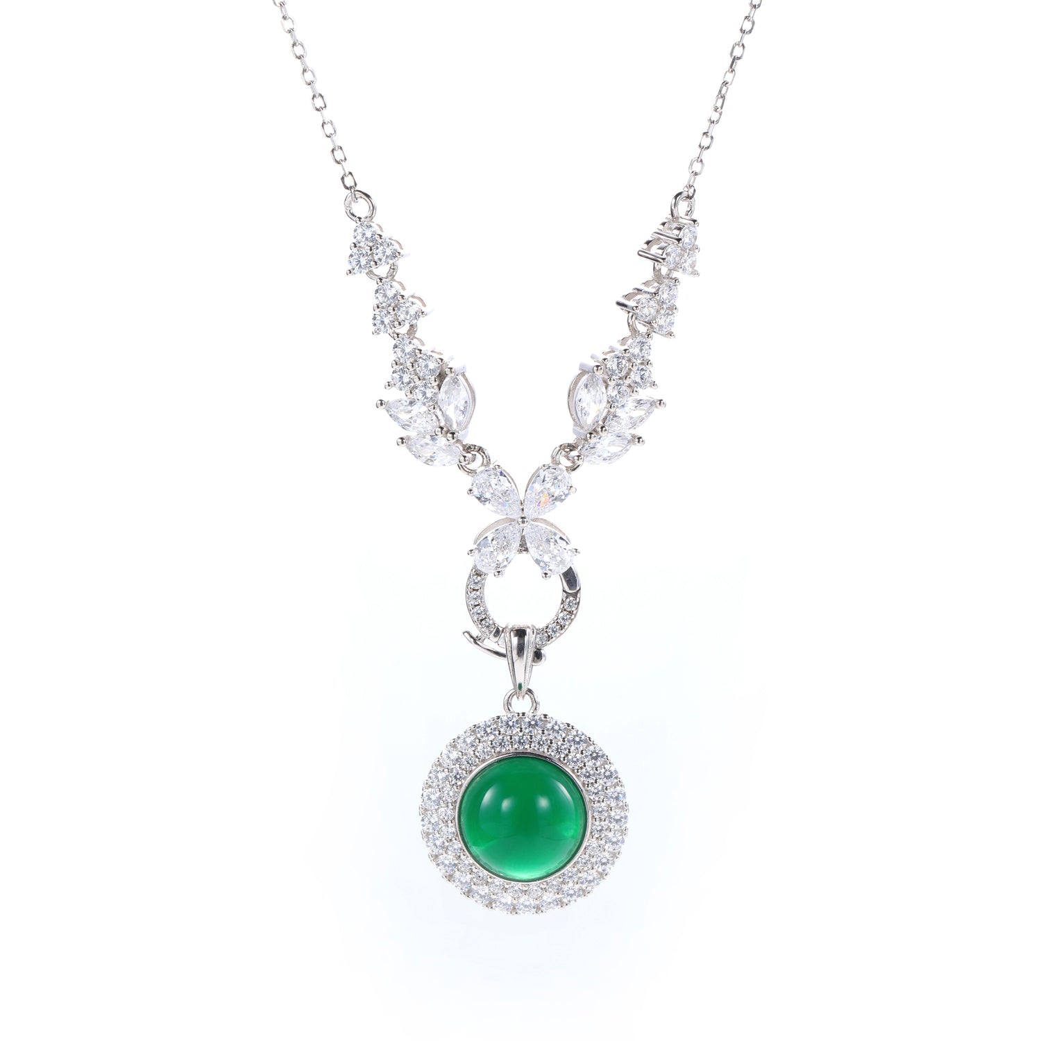 Sterling Silver Cubic Zirconia & Green Chalcedony Pendant Necklace