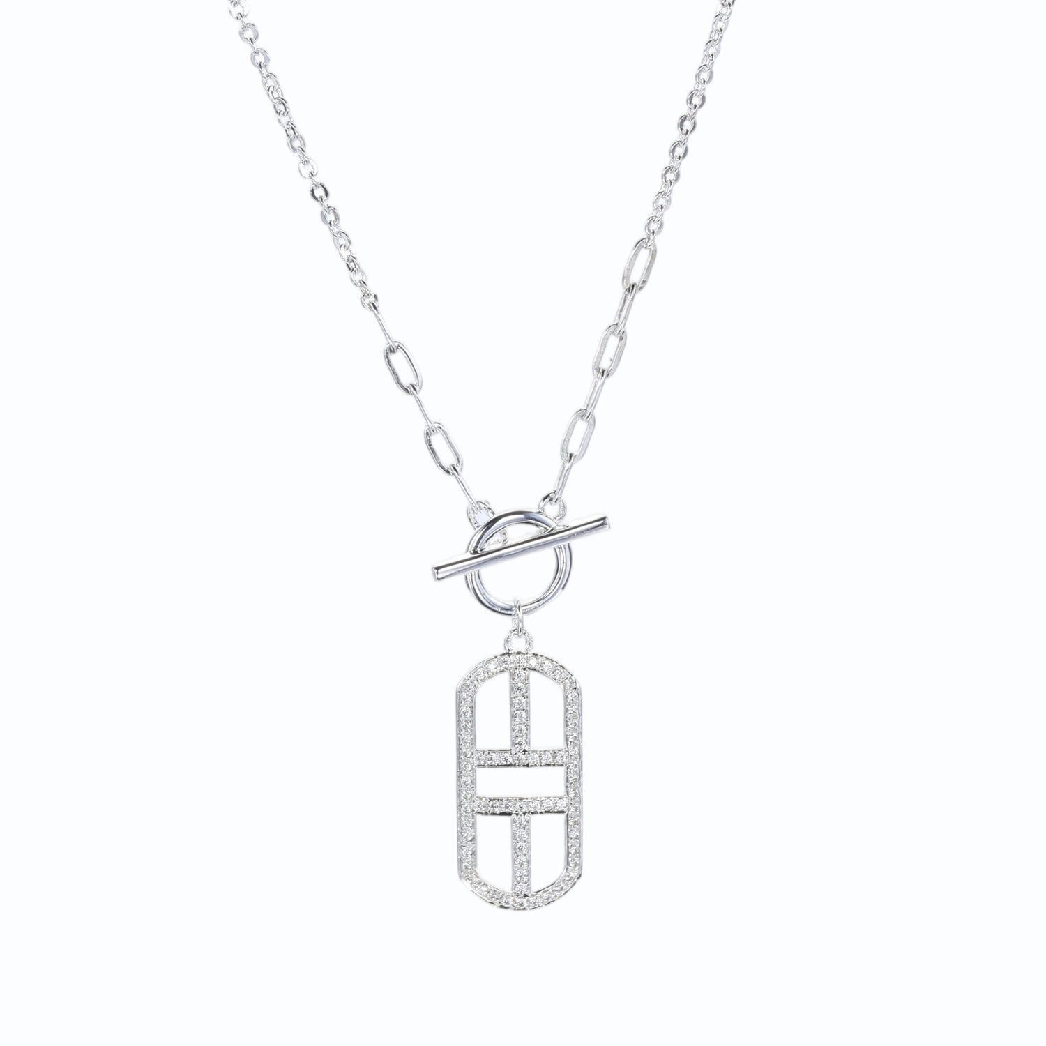 Sterling Silver Cubic Zirconia Toggle Clasp Geometric Pendant Necklace