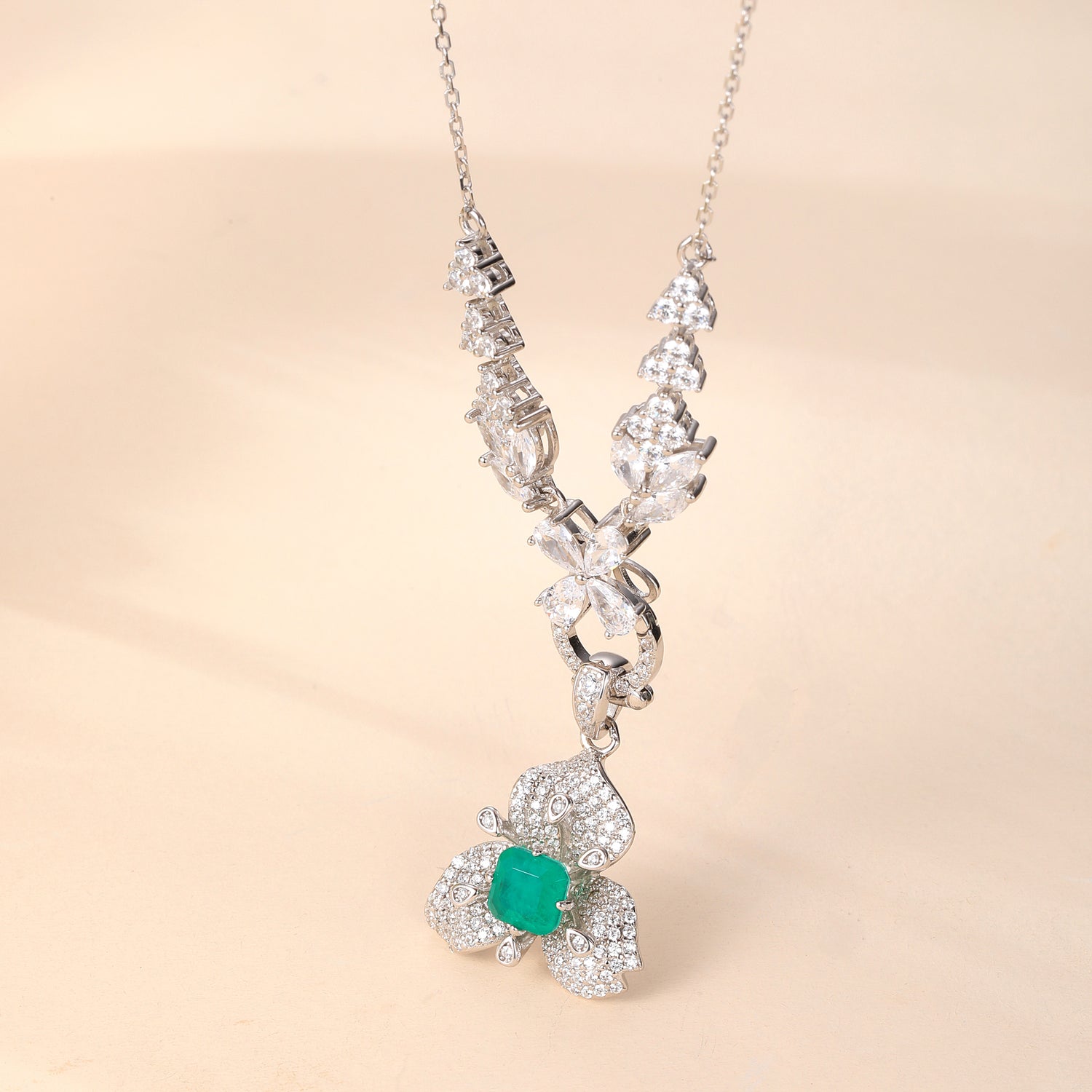 Sterling Silver Emerald - Green Cubic Zirconia Floral Elegance Pendant Necklace