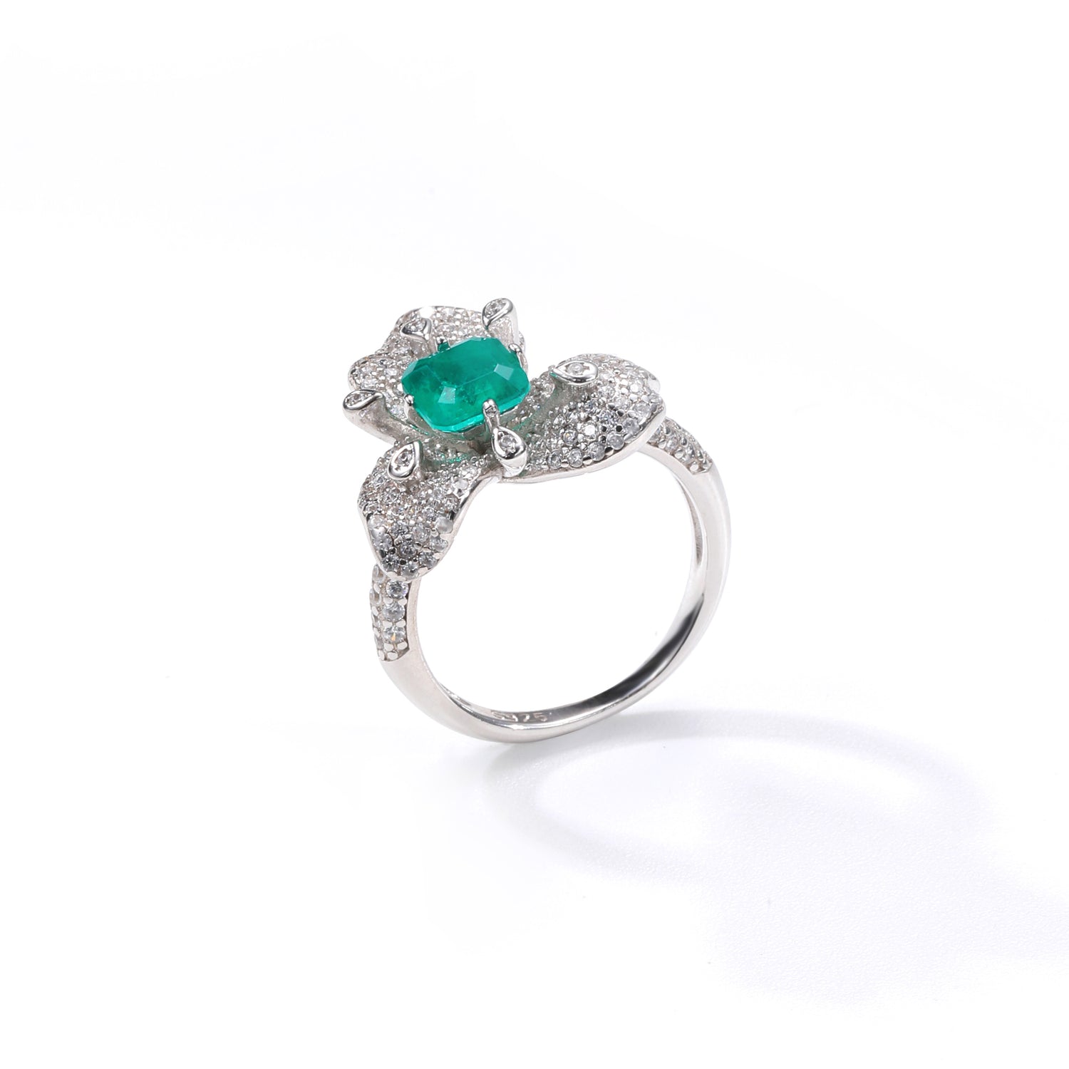 Sterling Silver Emerald - Green Cubic Zirconia Floral Statement Ring