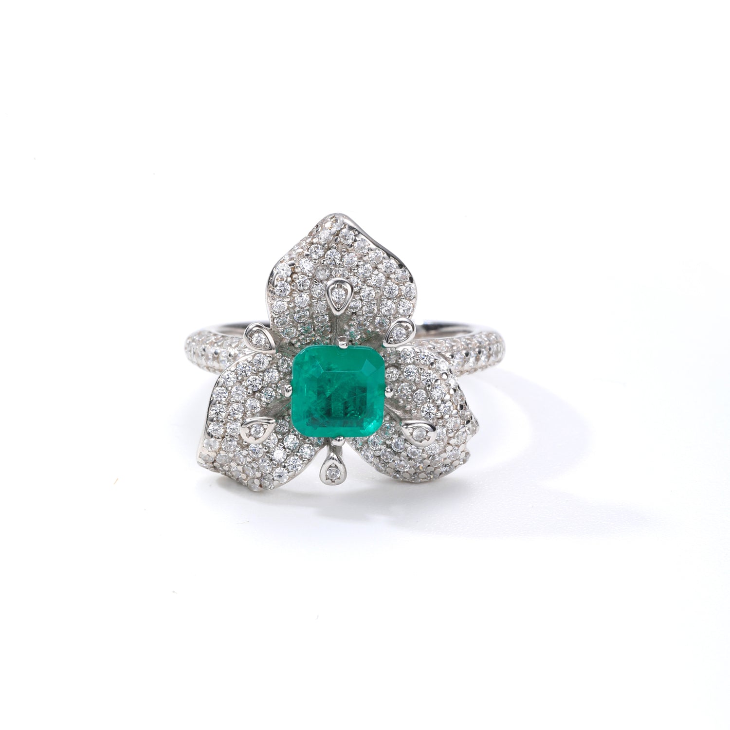 Sterling Silver Emerald - Green Cubic Zirconia Floral Statement Ring