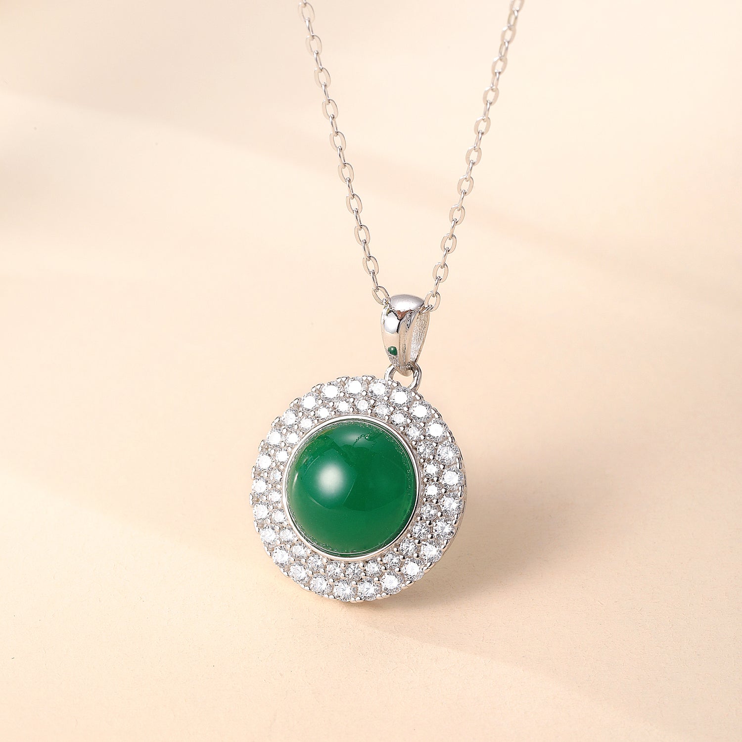 Sterling Silver Green Onyx - Inspired Cubic Zirconia Halo Pendant Necklace