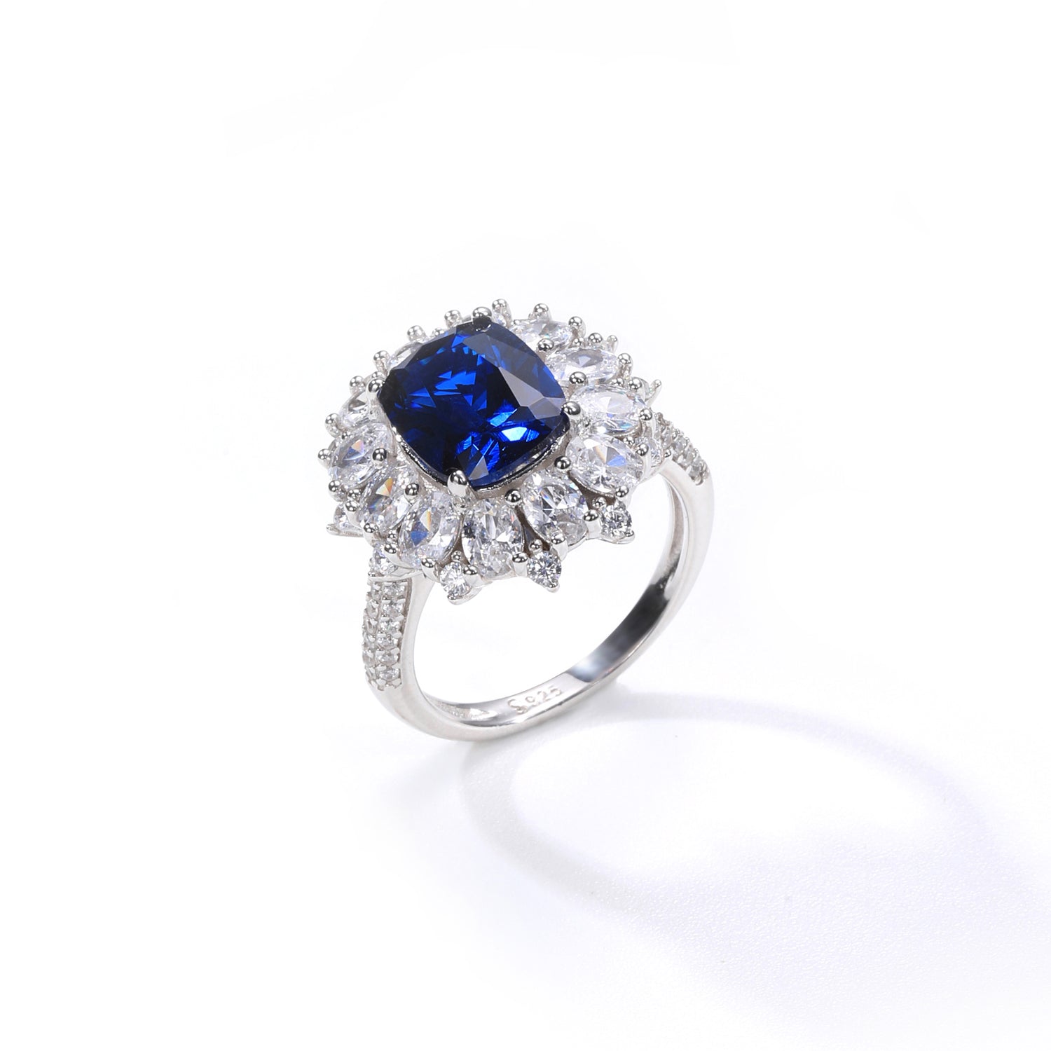 Sterling Silver Royal Blue Cubic Zirconia Halo Statement Ring