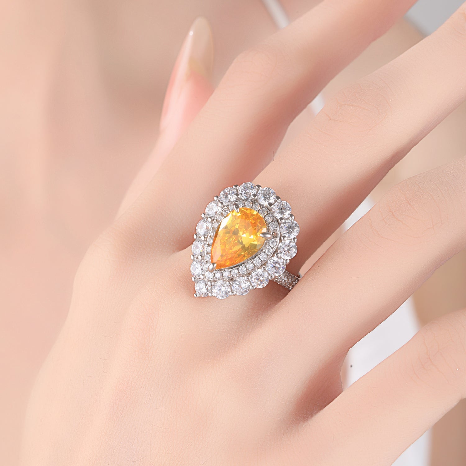 Sterling Silver Teardrop Citrine - Colored Cubic Zirconia Halo Ring