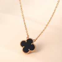 18K Gold Plated Sterling Silver Black Onyx & Cubic Zirconia Four - Leaf Clover Pendant Necklace (0.3oz）