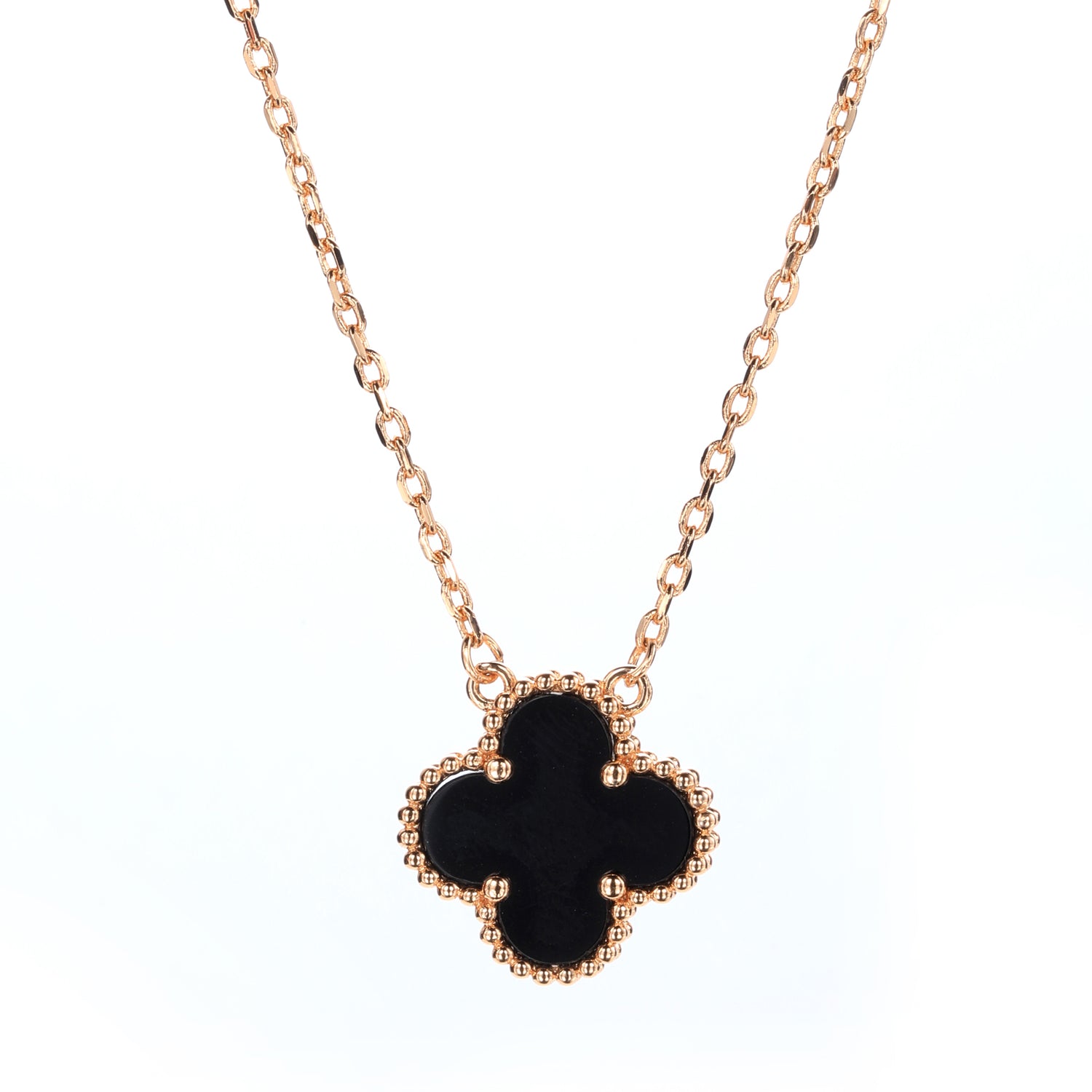 18K Gold Plated Sterling Silver Black Onyx & Cubic Zirconia Four - Leaf Clover Pendant Necklace (0.3oz）