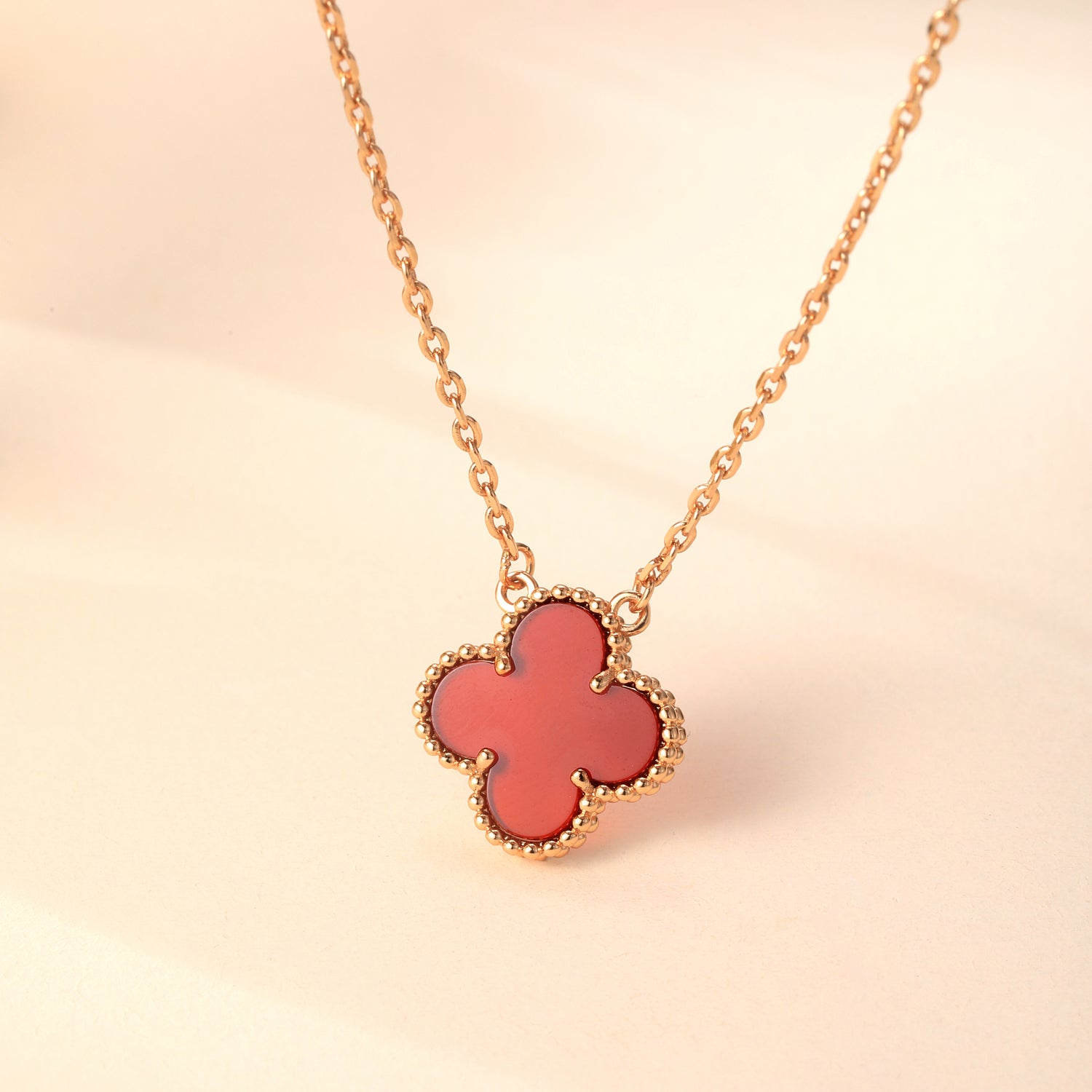 18K Gold Plated Sterling Silver Red Onyx Four - Leaf Clover Pendant Necklace (0.3oz）