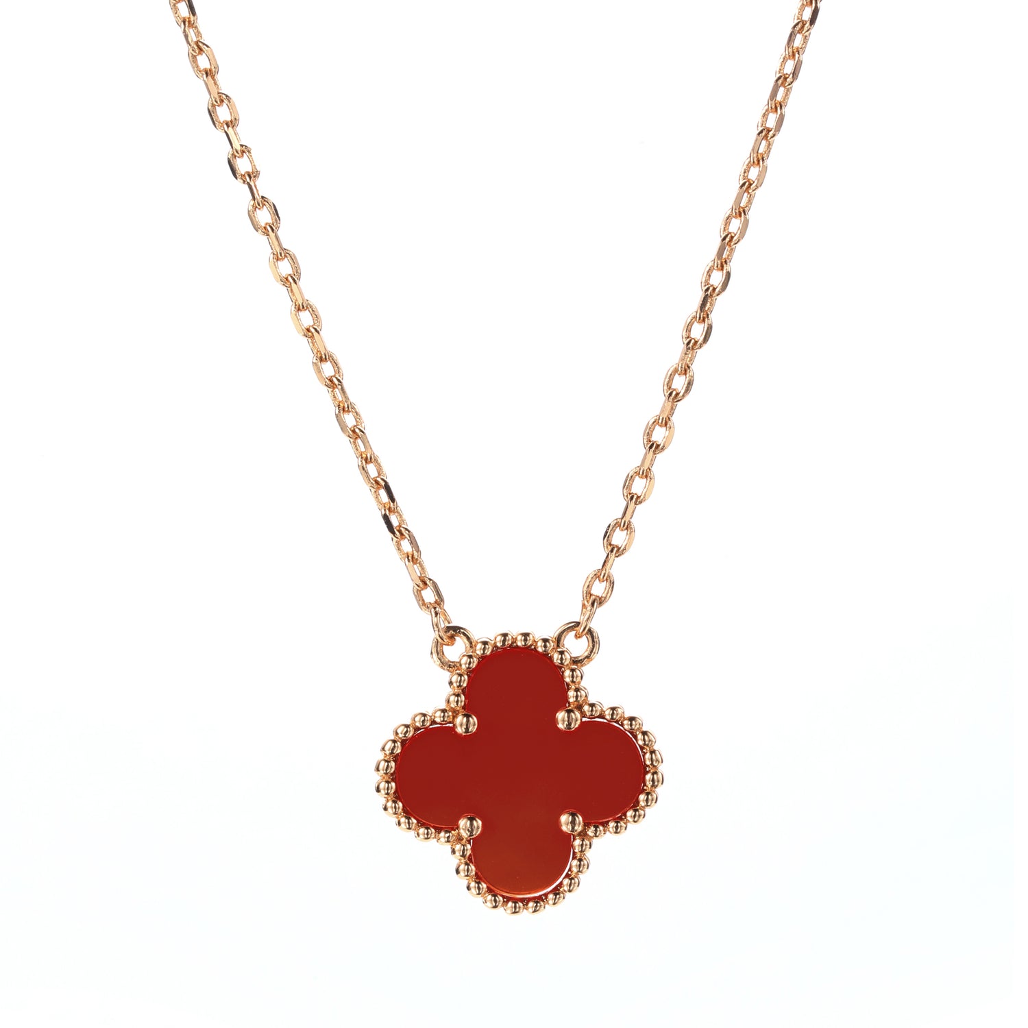 18K Gold Plated Sterling Silver Red Onyx Four - Leaf Clover Pendant Necklace (0.3oz）