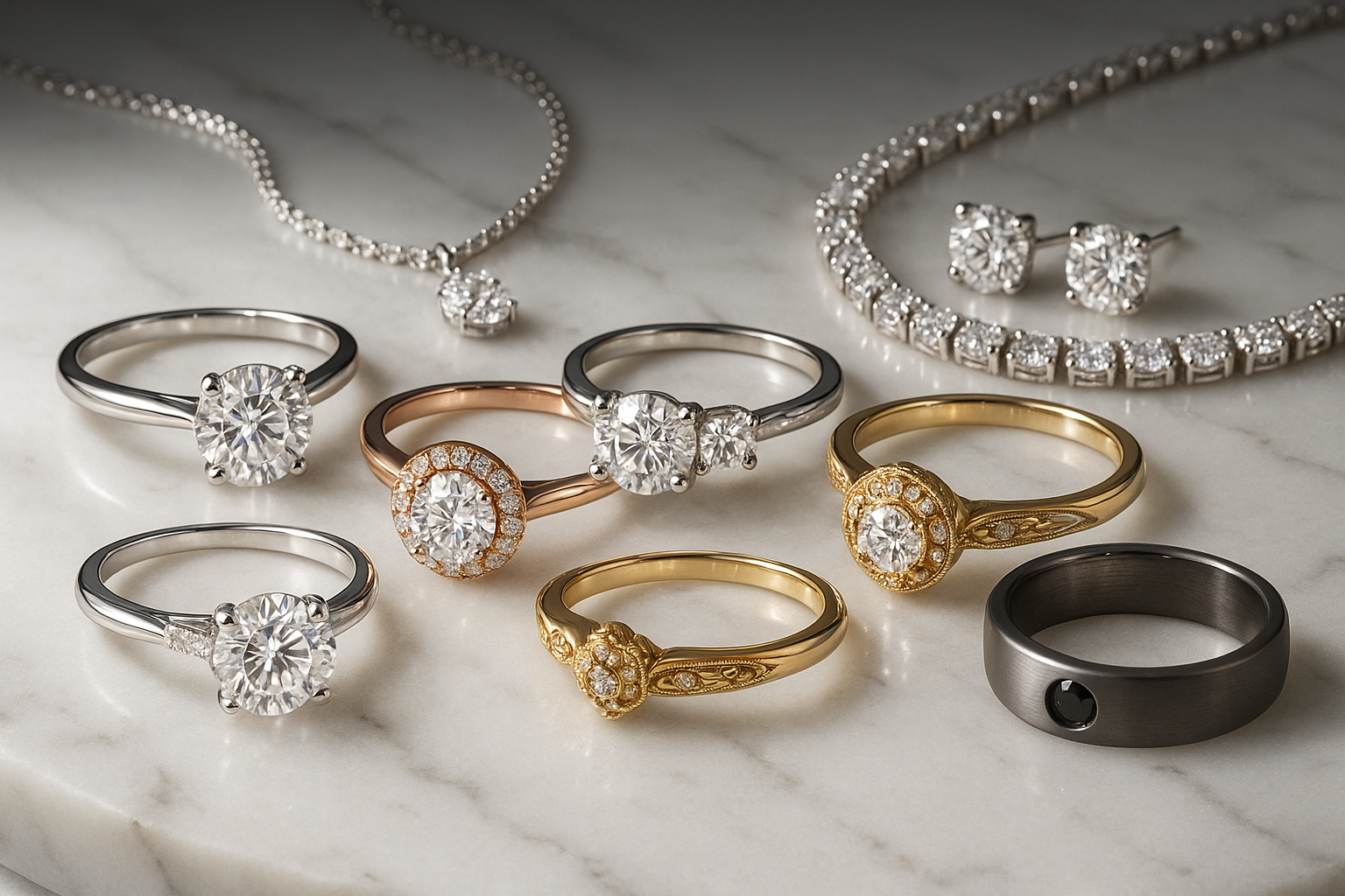 Diamond ring, wedding leave, necklace, bracelet, earrings, ear studs, jewelry