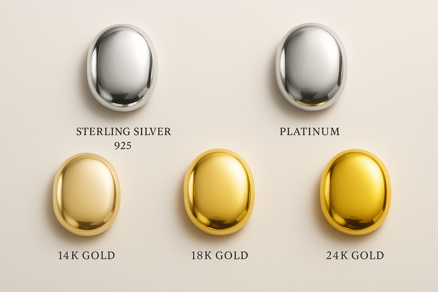 Sterling silver, platinum, 14k gold, 18k gold, 24k gold