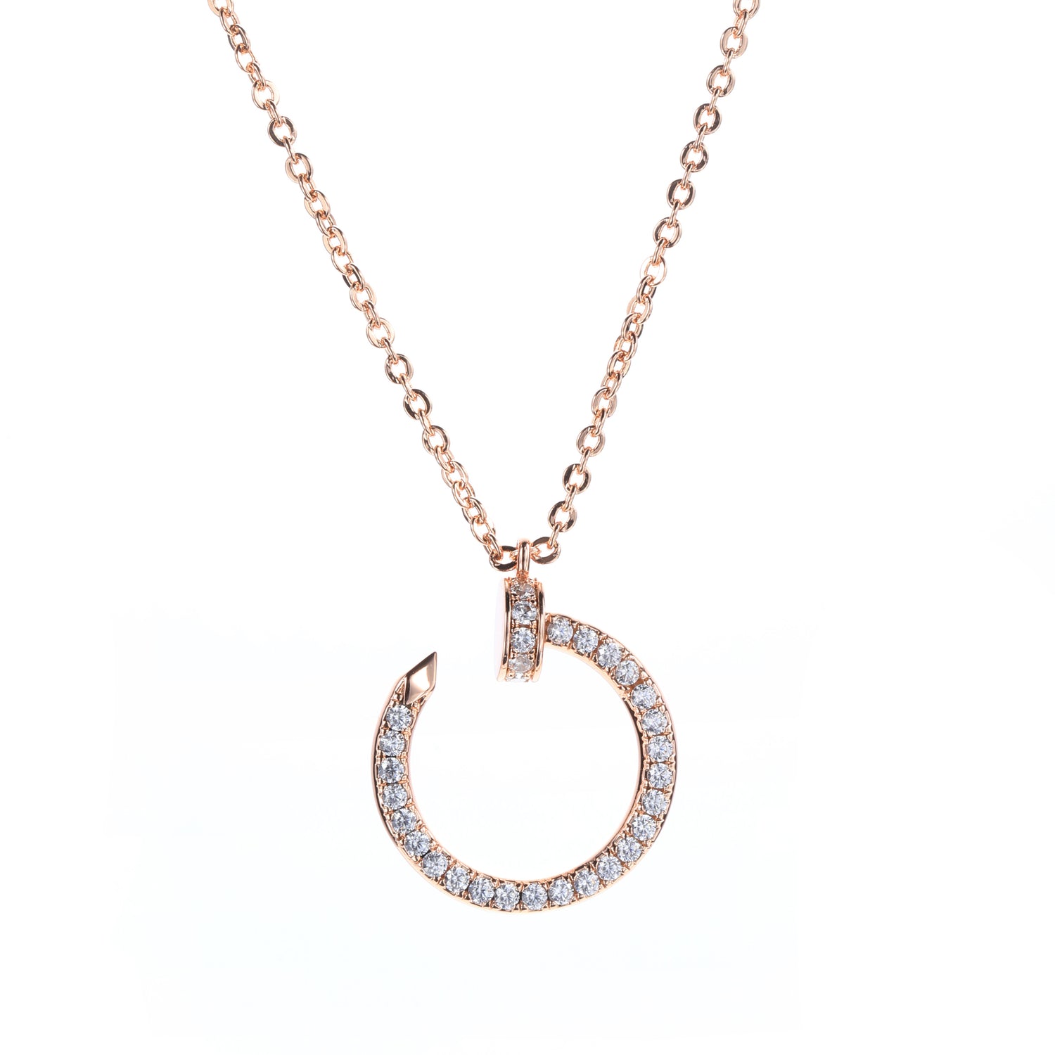Rose Gold Plated Sterling Silver Cubic Zirconia Crescent Hoop Pendant Necklace