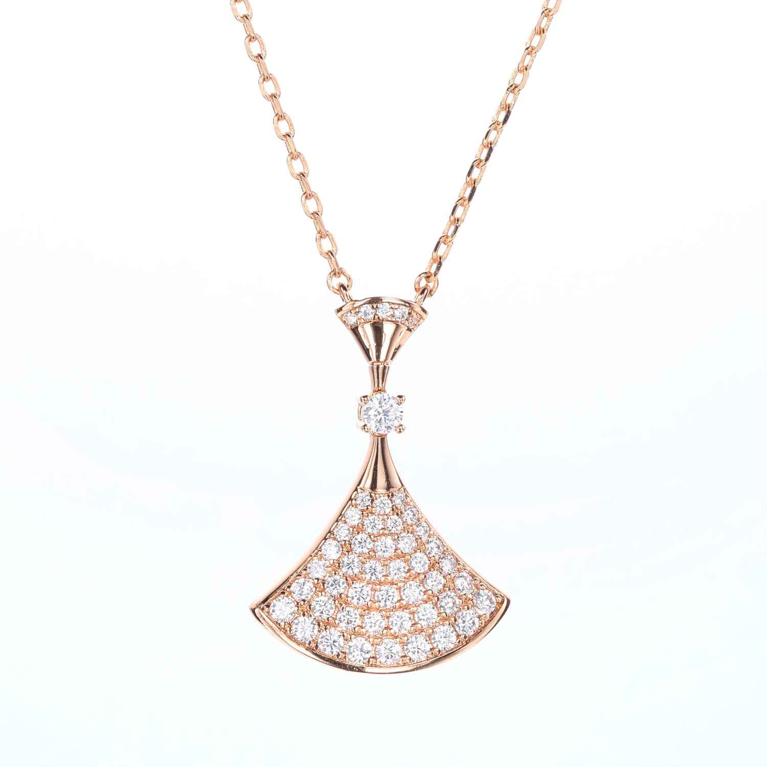 Rose Gold Plated Sterling Silver Cubic Zirconia Fan - Shaped Pendant Necklace