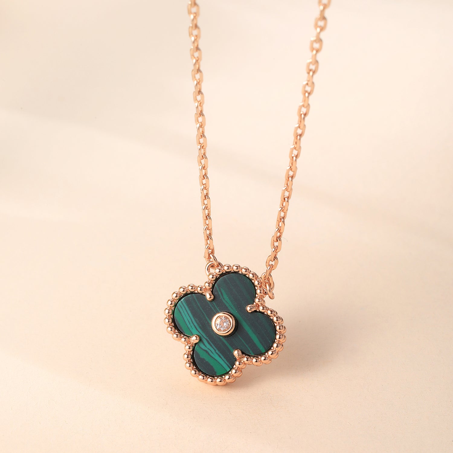 Rose Gold Plated Sterling Silver Malachite & Cubic Zirconia Four - Leaf Clover Pendant Necklace (0.3oz）