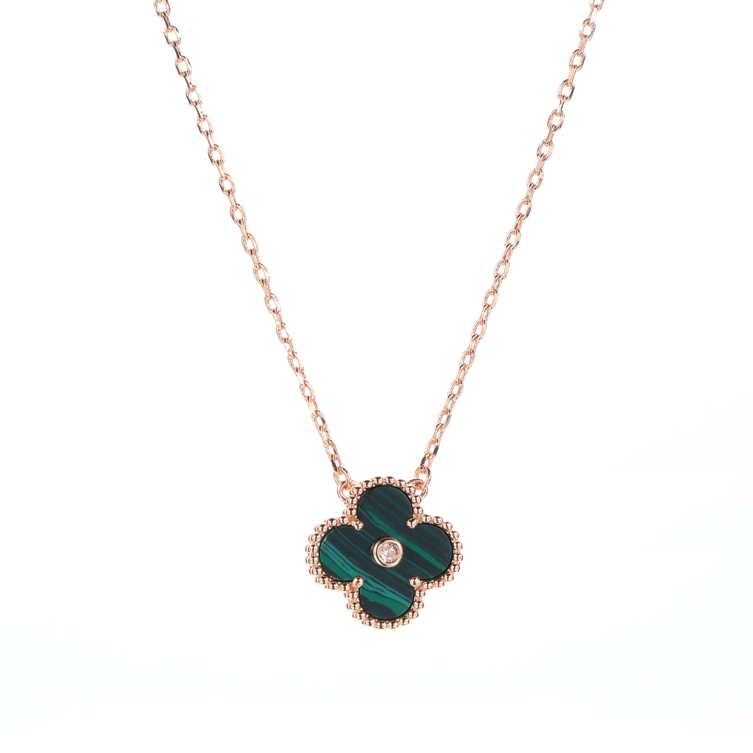 Rose Gold Plated Sterling Silver Malachite & Cubic Zirconia Four - Leaf Clover Pendant Necklace (0.3oz）