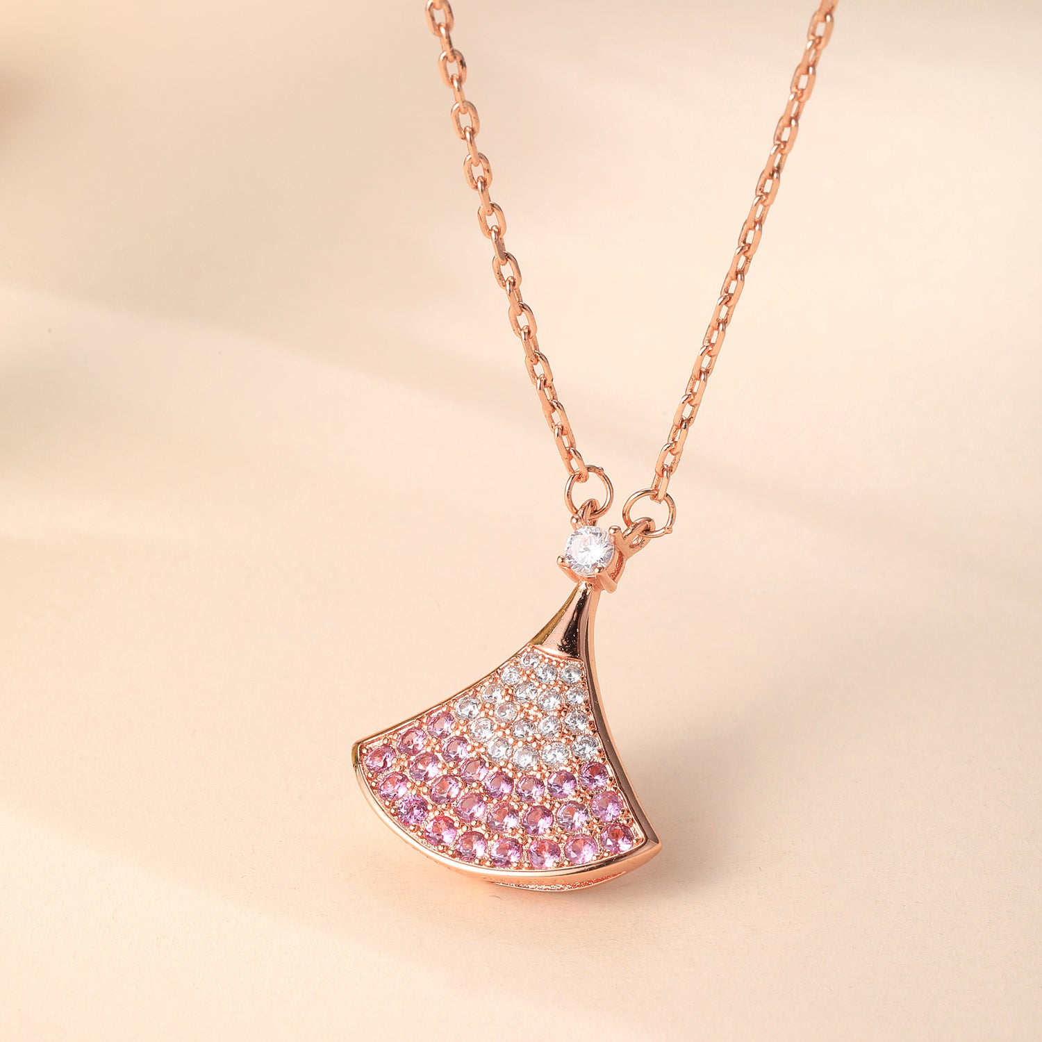 Rose Gold Plated Sterling Silver Ombre Pink Cubic Zirconia Fan - Shaped Pendant Necklace