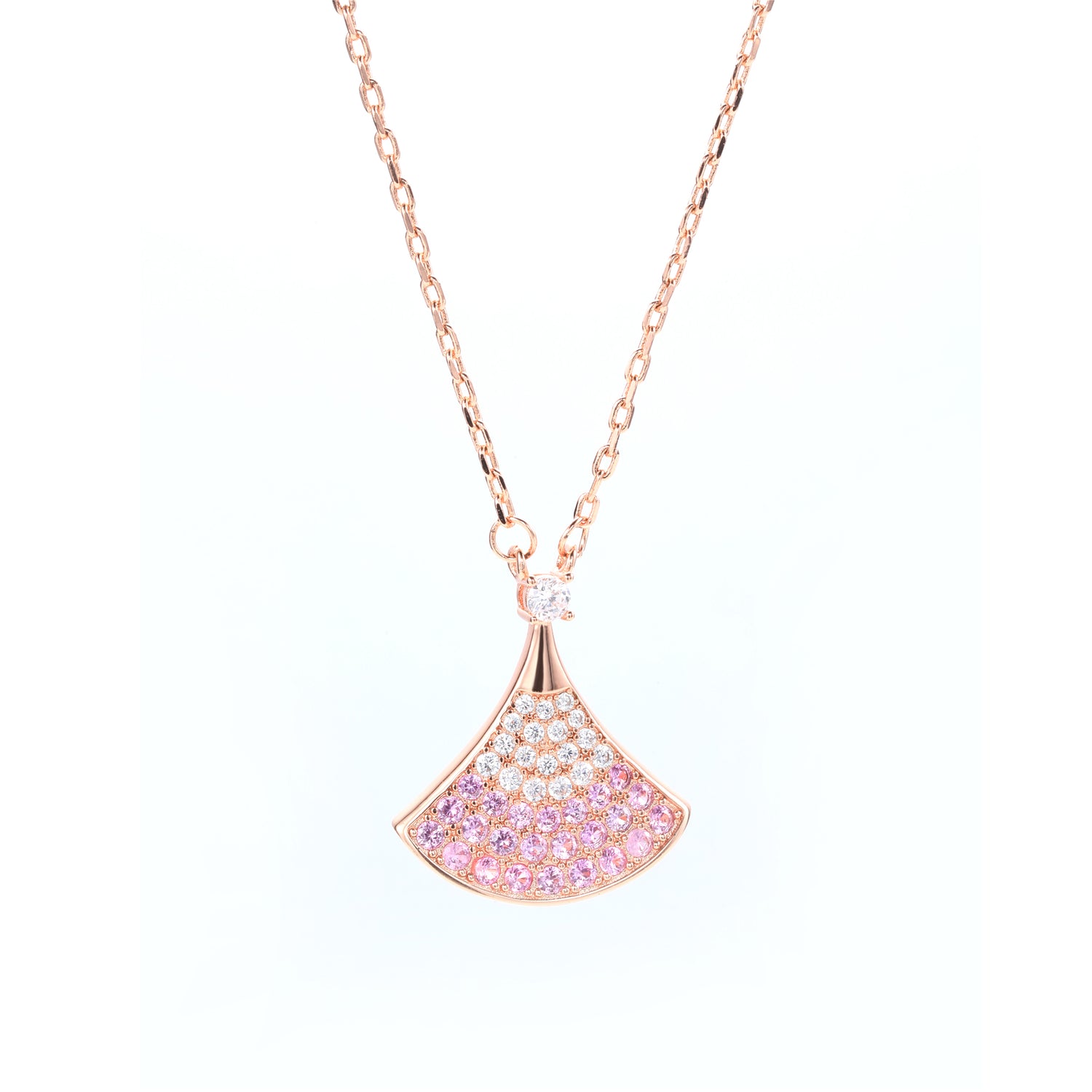 Rose Gold Plated Sterling Silver Ombre Pink Cubic Zirconia Fan - Shaped Pendant Necklace
