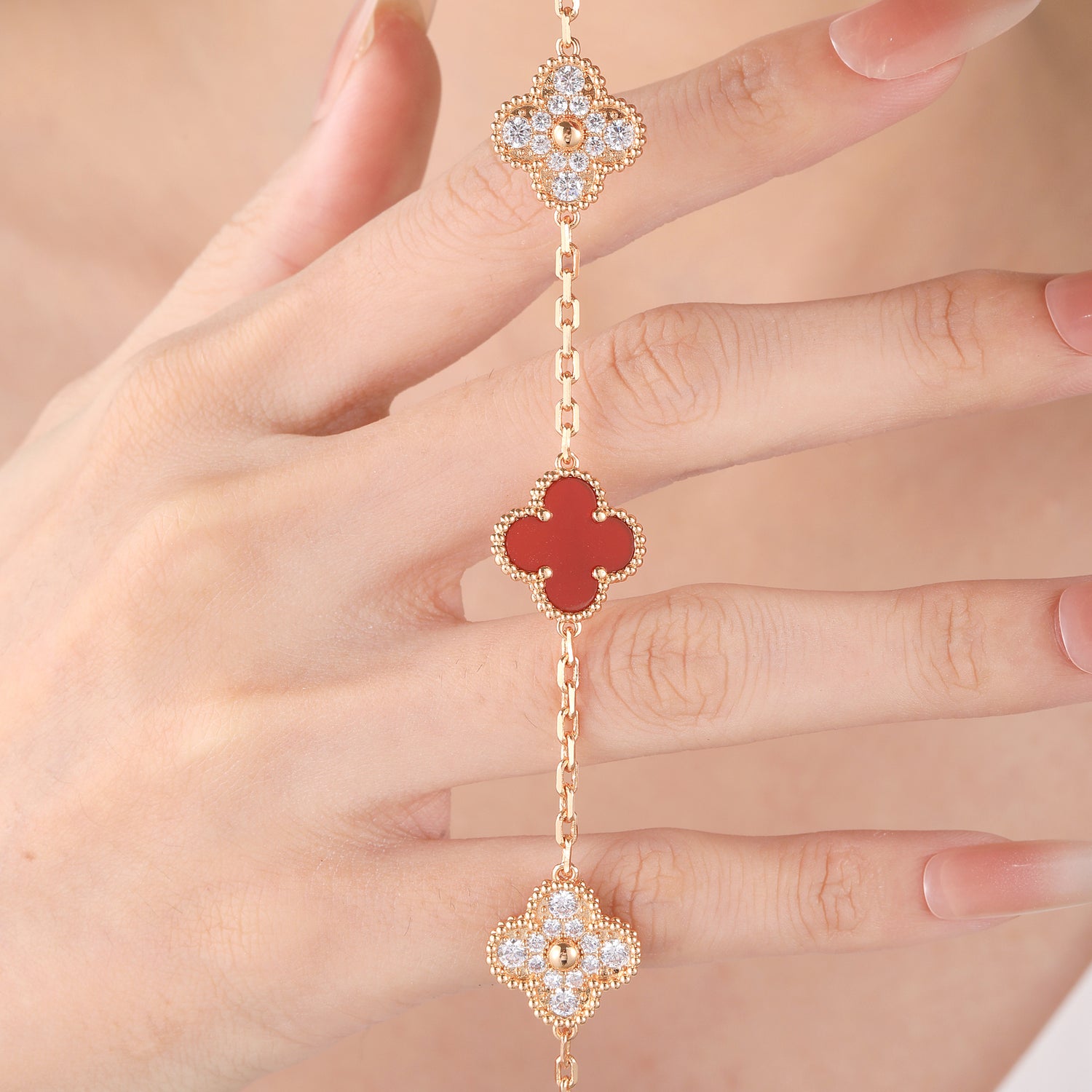 Rose Gold Plated Sterling Silver Red and Clear Zirconia Four - Leaf Clover Bracelet（7.48inch,0.3oz）
