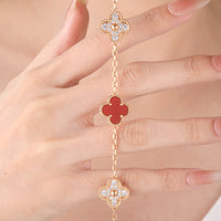 Rose Gold Plated Sterling Silver Red and Clear Zirconia Four - Leaf Clover Bracelet（7.48inch,0.3oz）