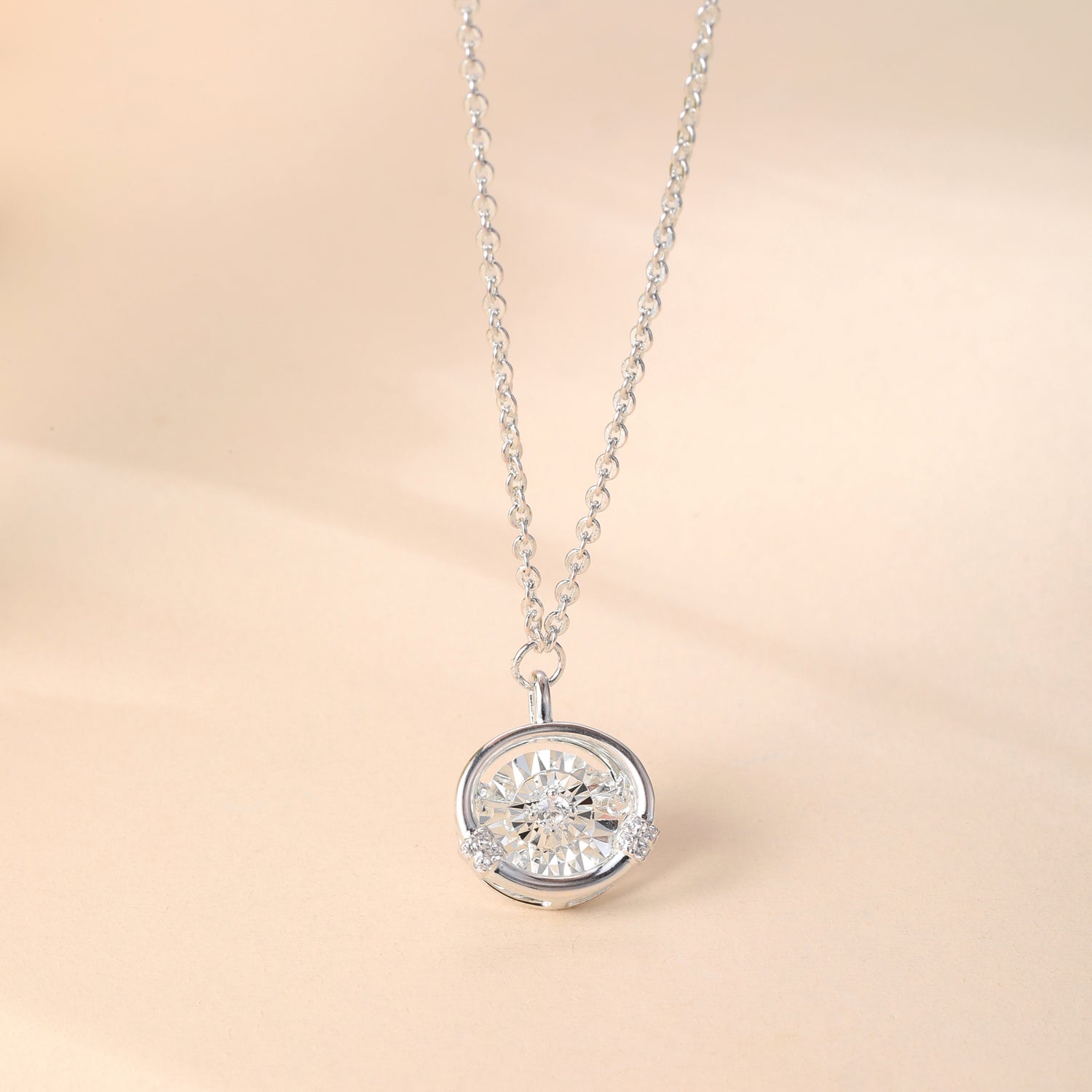 Sterling Silver Cubic Zirconia Circular Sparkle Dancing Diamonds  Pendant Necklace