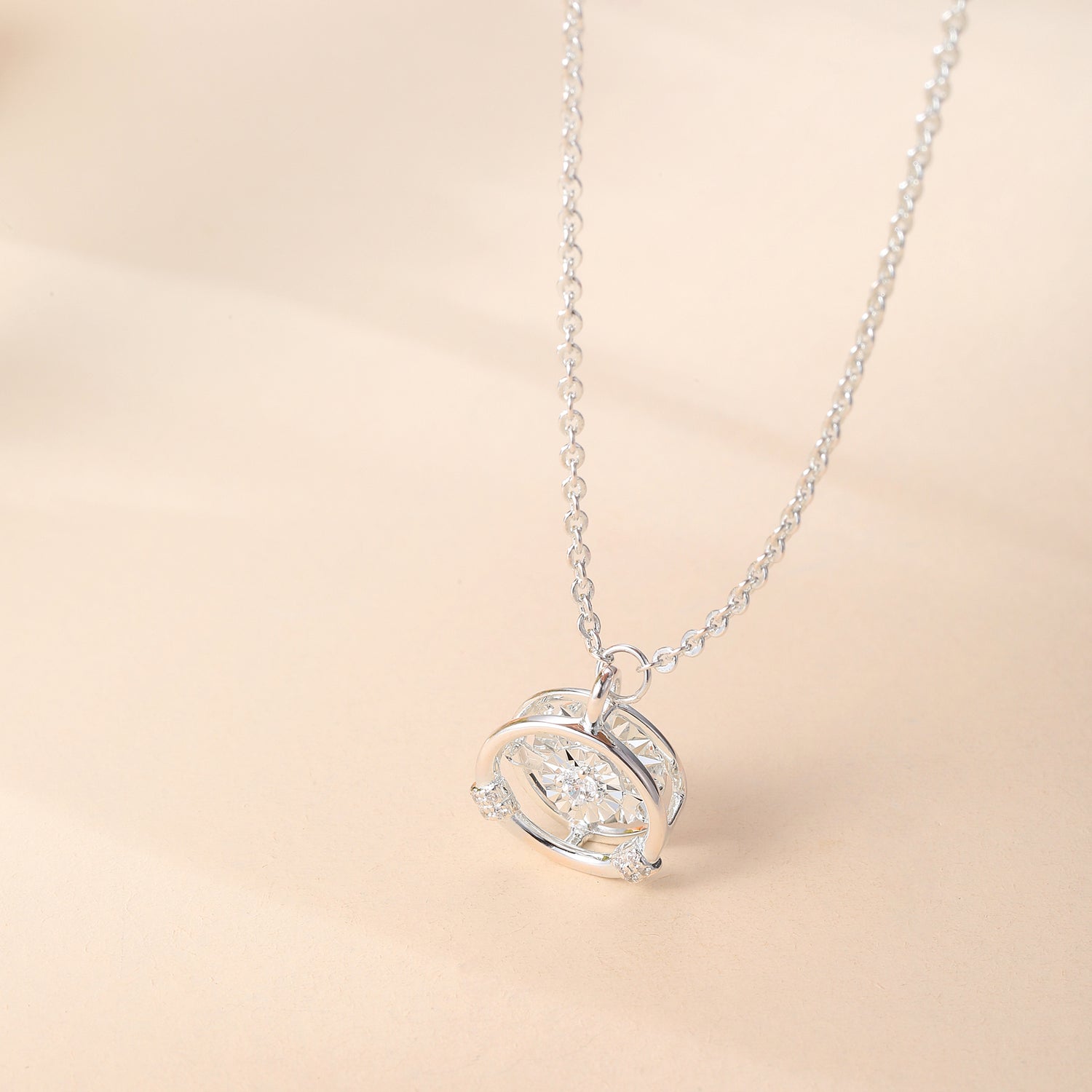 Sterling Silver Cubic Zirconia Circular Sparkle Pendant Necklace