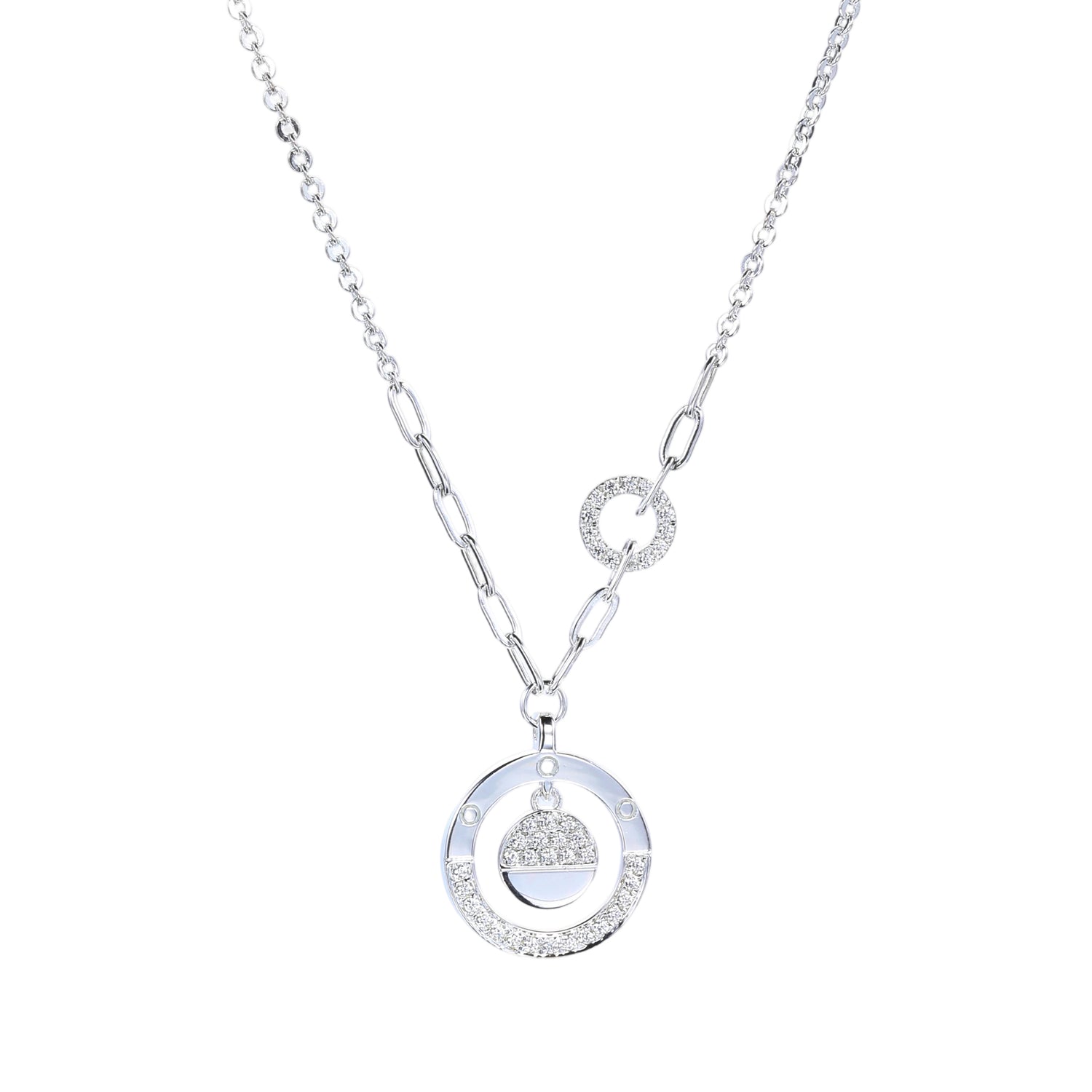 Sterling Silver Cubic Zirconia Double - Circle Pendant Necklace