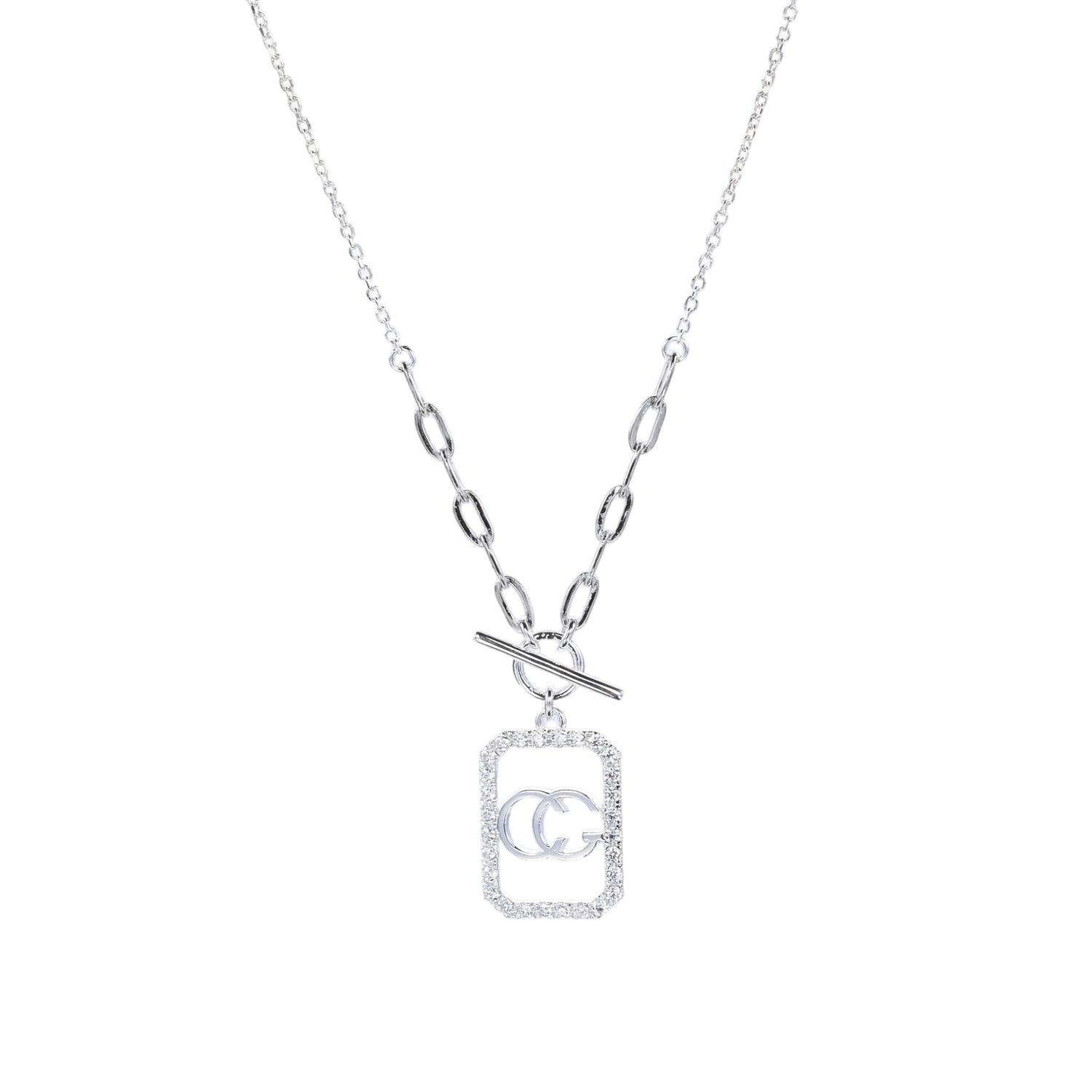 Sterling Silver Cubic Zirconia Embellished Double - Loop Logo Pendant Necklace