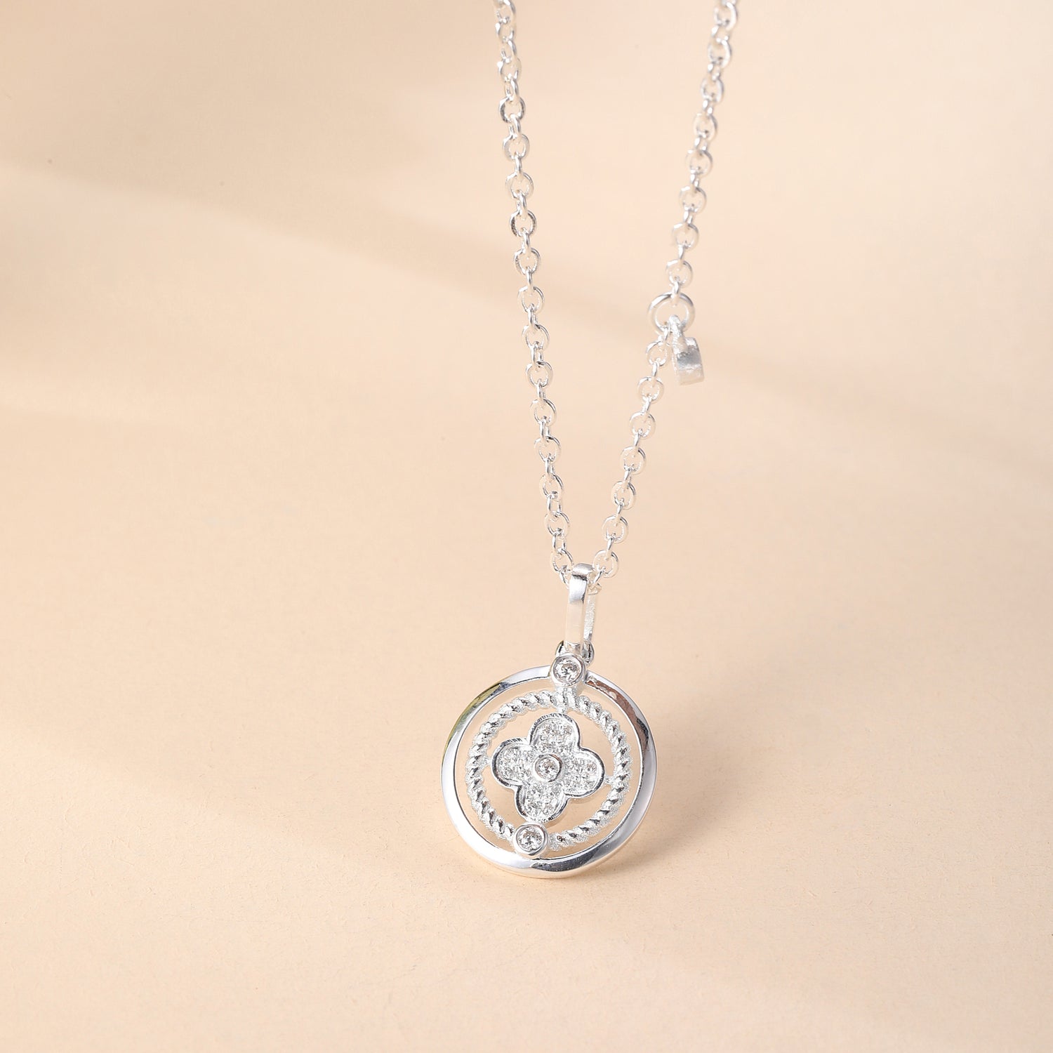 Sterling Silver Cubic Zirconia Embellished Four - Leaf Clover Circular Pendant Necklace