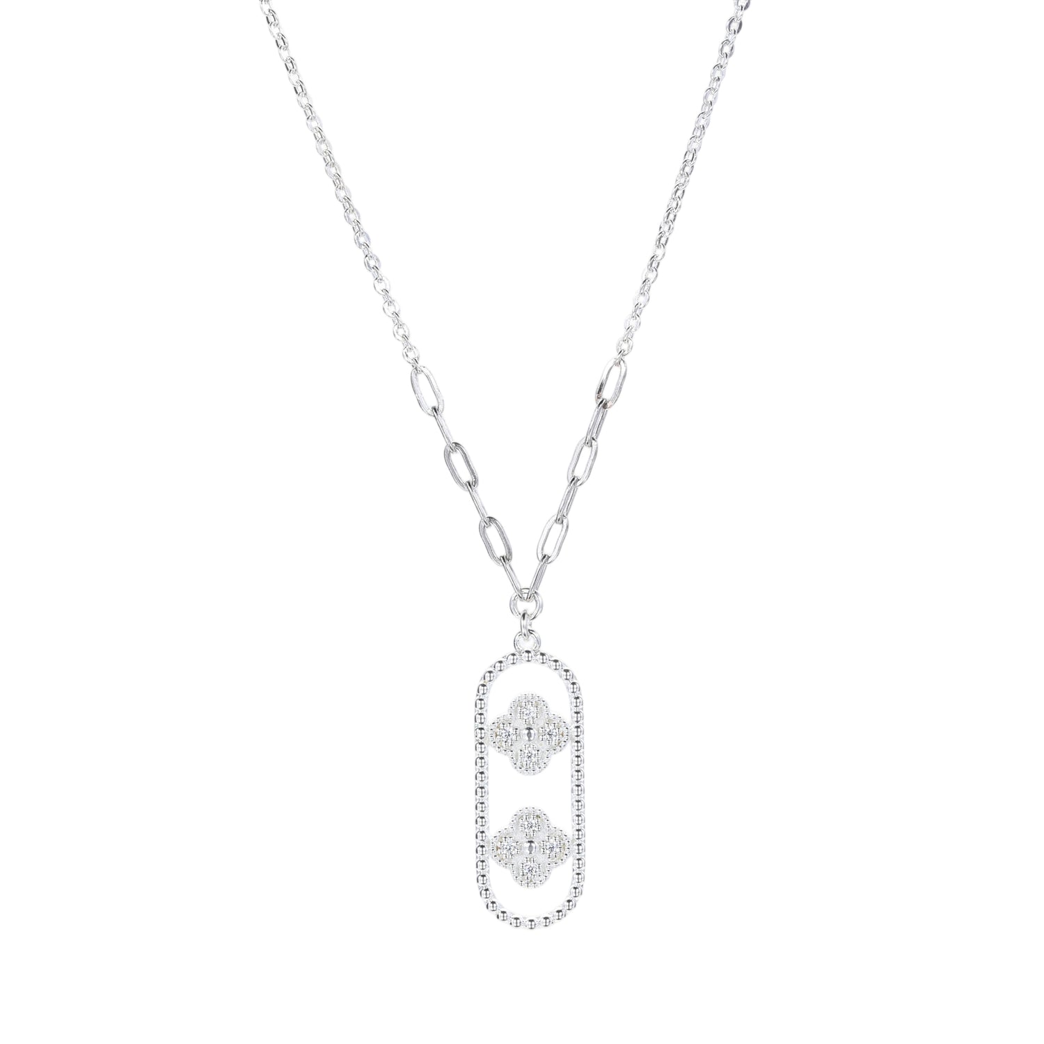 Sterling Silver Cubic Zirconia Embellished Four - Leaf Clover Oval Pendant Necklace