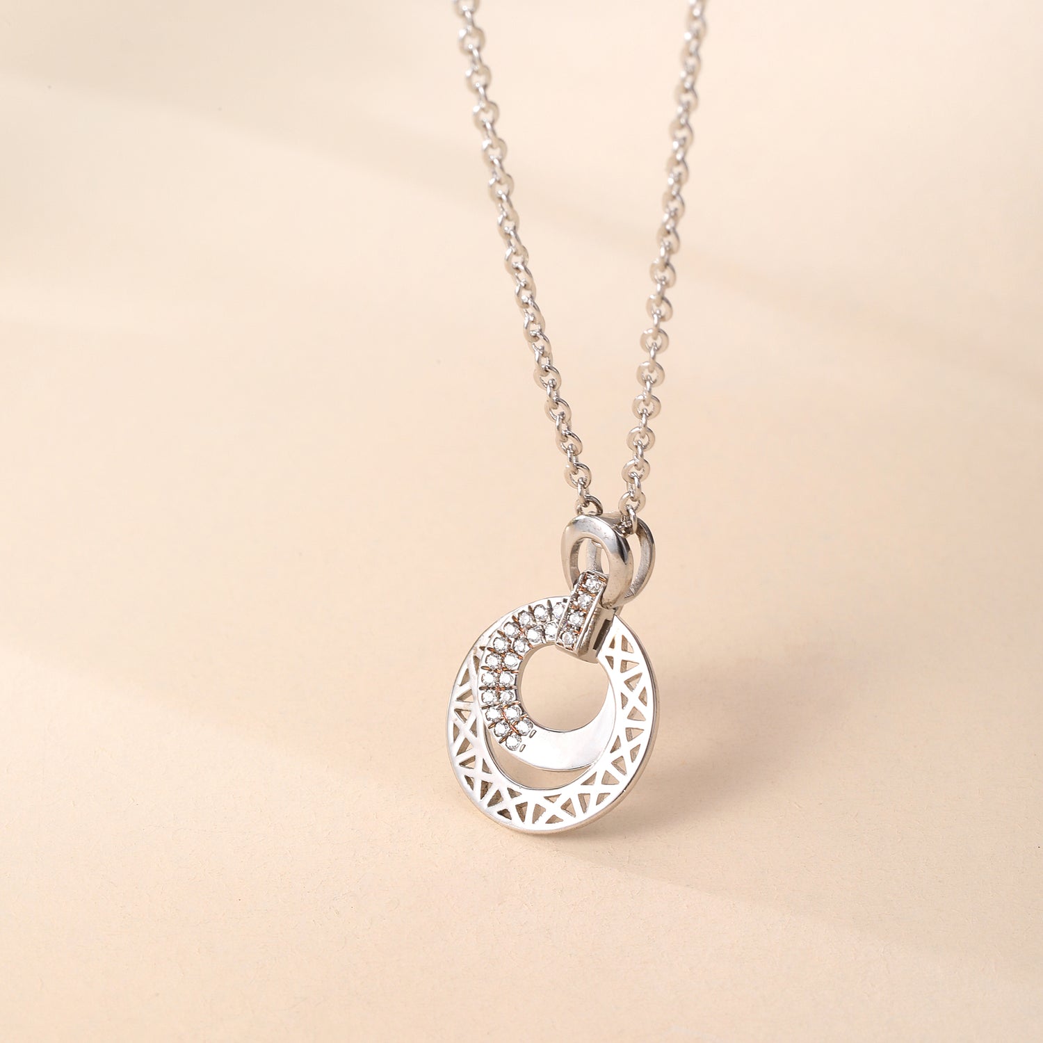 Sterling Silver Cubic Zirconia Embellished Geometric Circle Pendant Necklace
