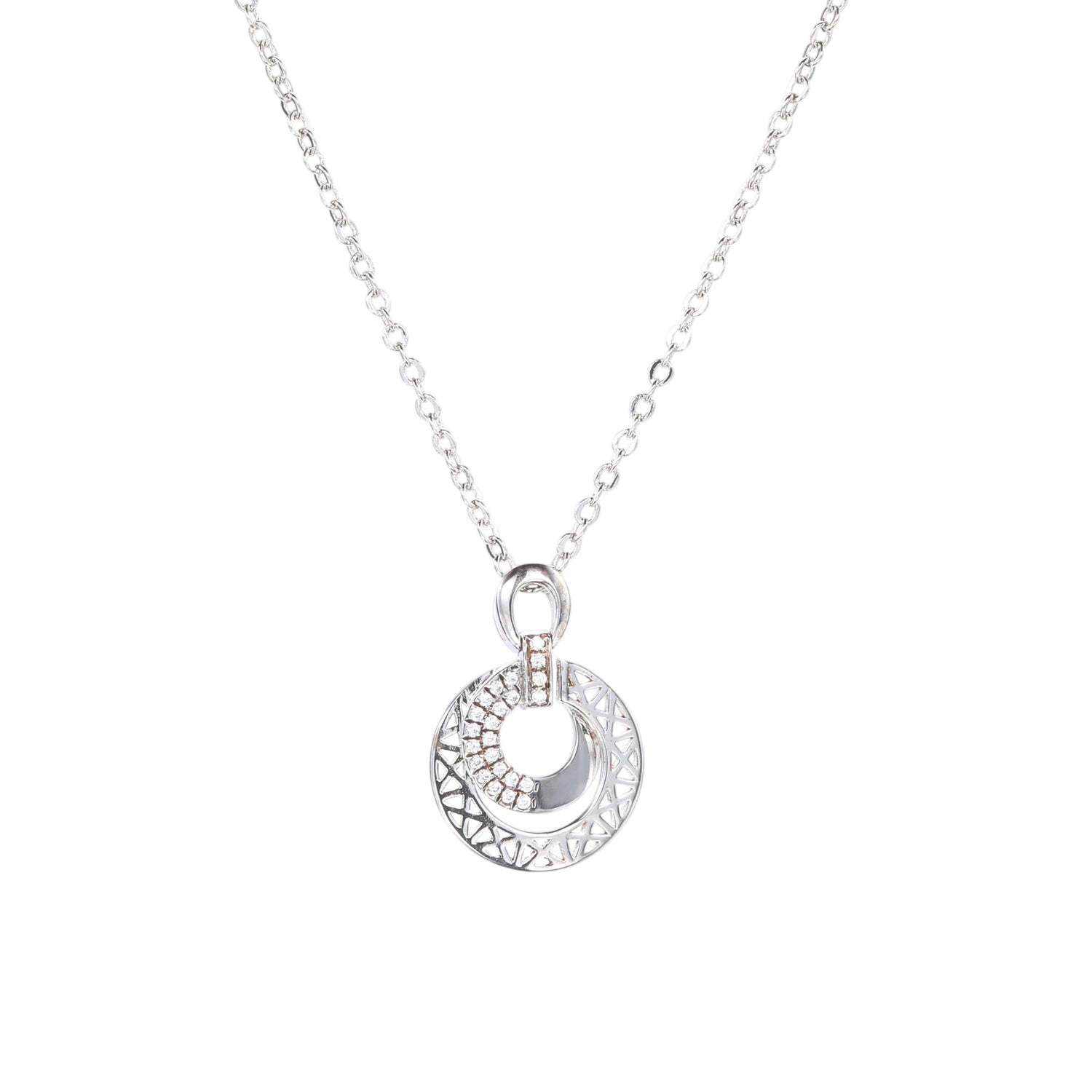 Sterling Silver Cubic Zirconia Embellished Geometric Circle Pendant Necklace