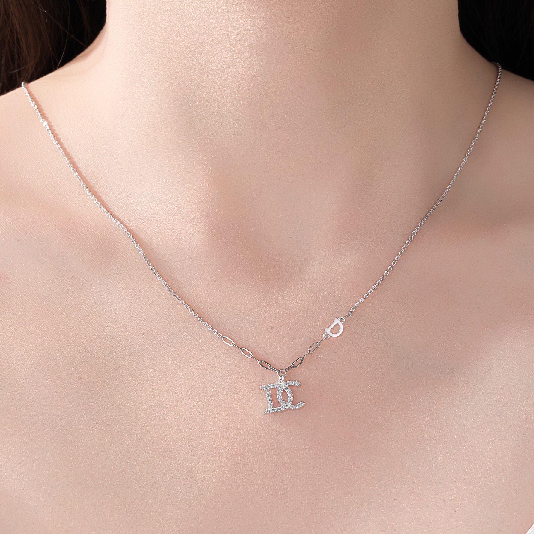 Sterling Silver Cubic Zirconia Embellished Initial Pendant Necklace - 
