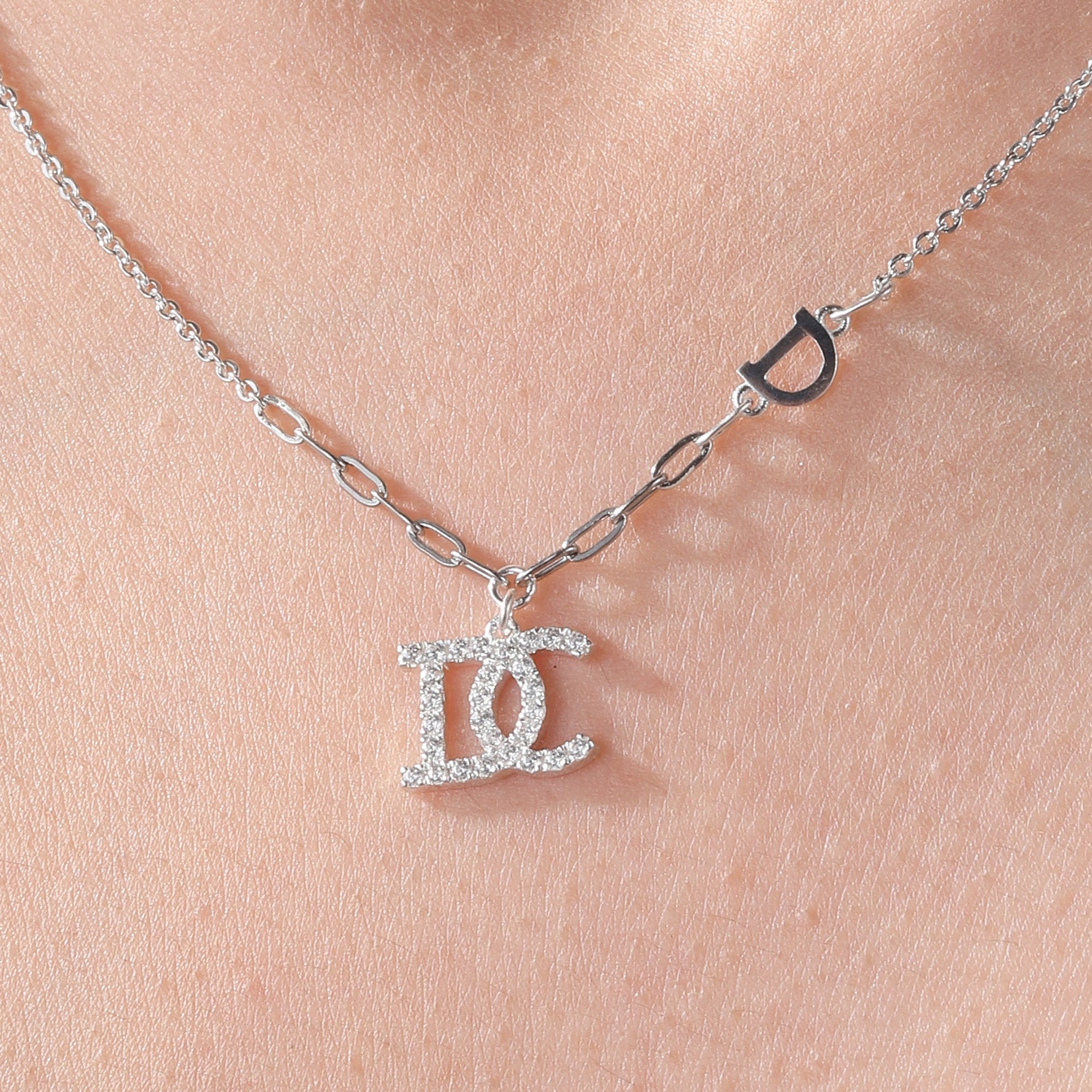 Sterling Silver Cubic Zirconia Embellished Initial Pendant Necklace - 