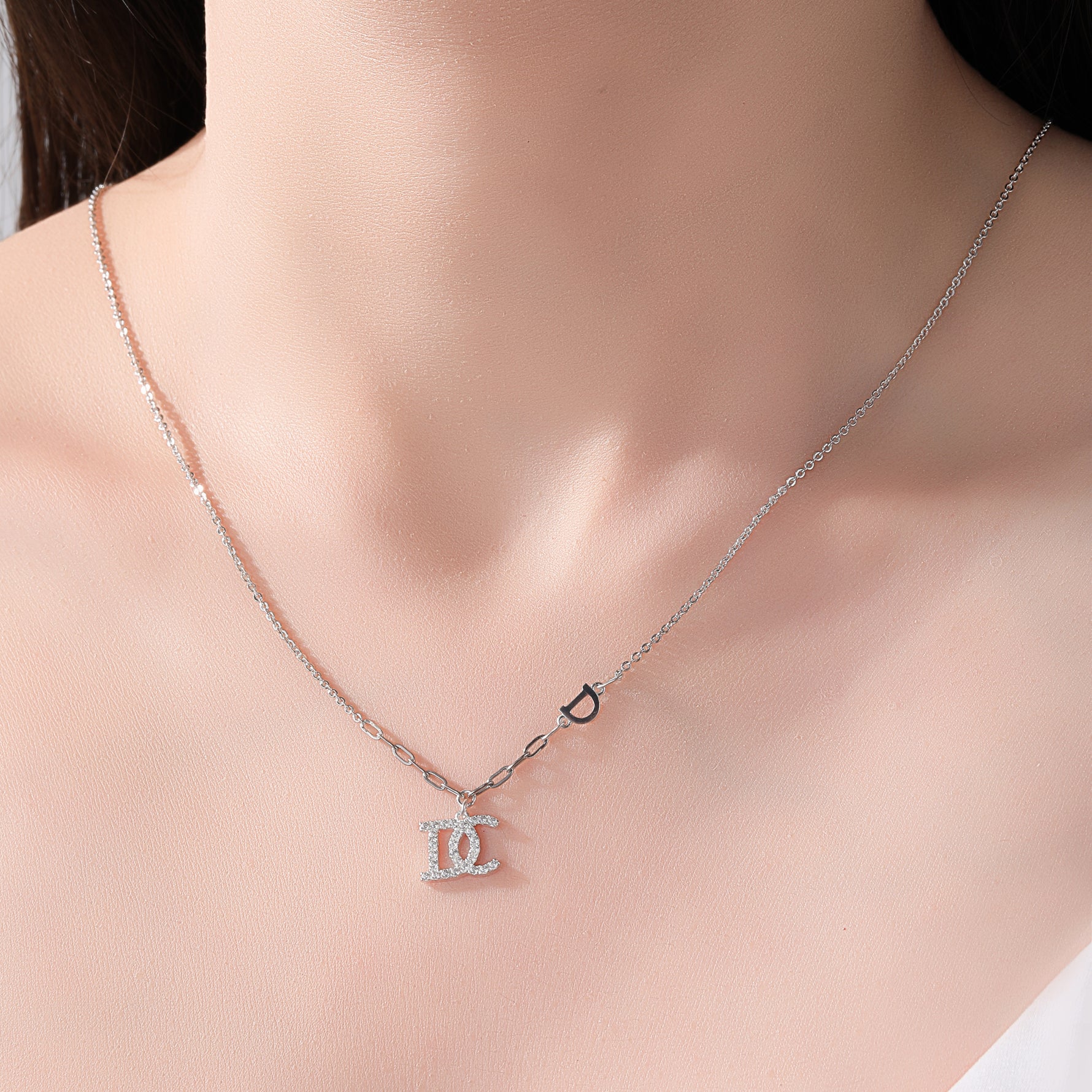Sterling Silver Cubic Zirconia Embellished Initial Pendant Necklace - 