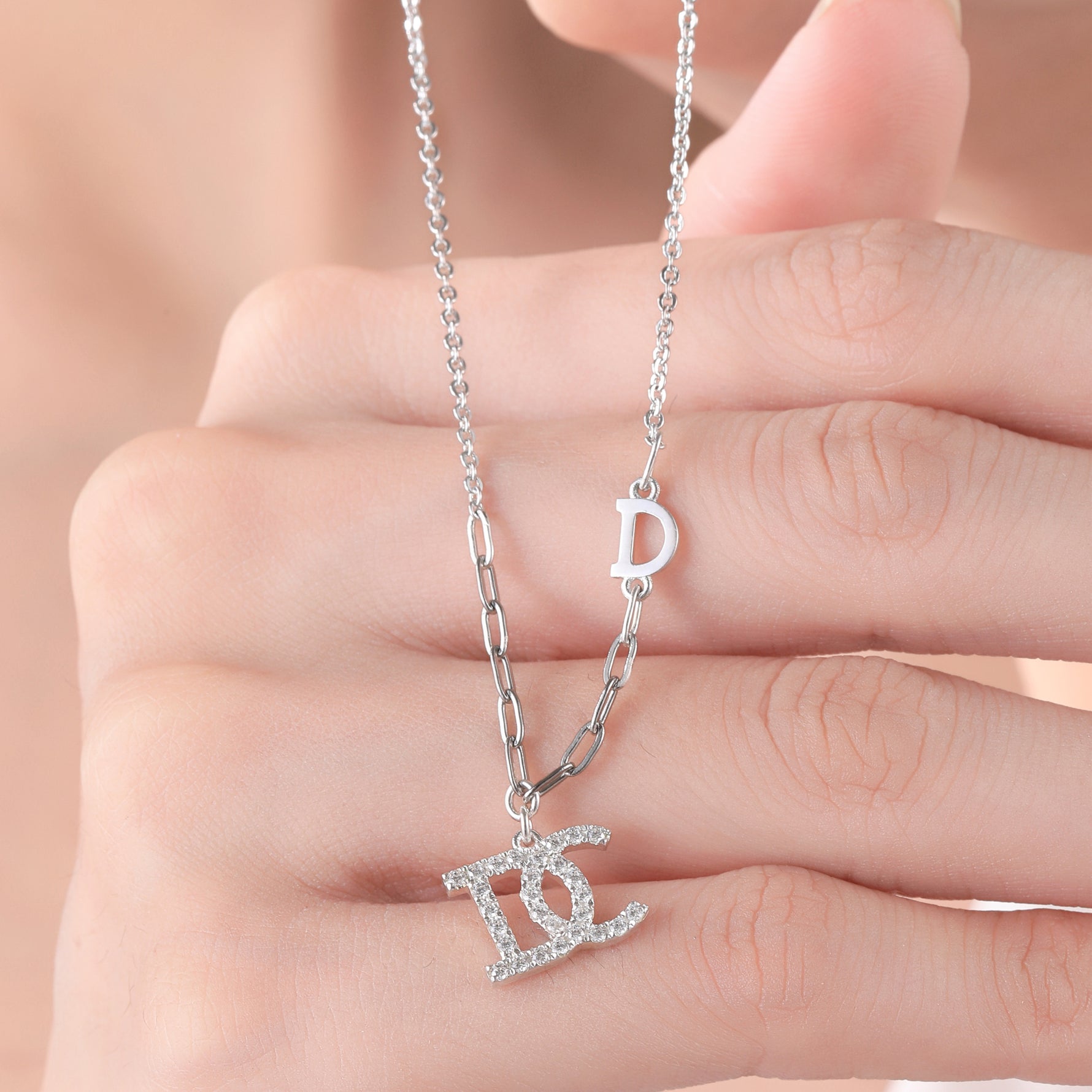 Sterling Silver Cubic Zirconia Embellished Initial Pendant Necklace - 