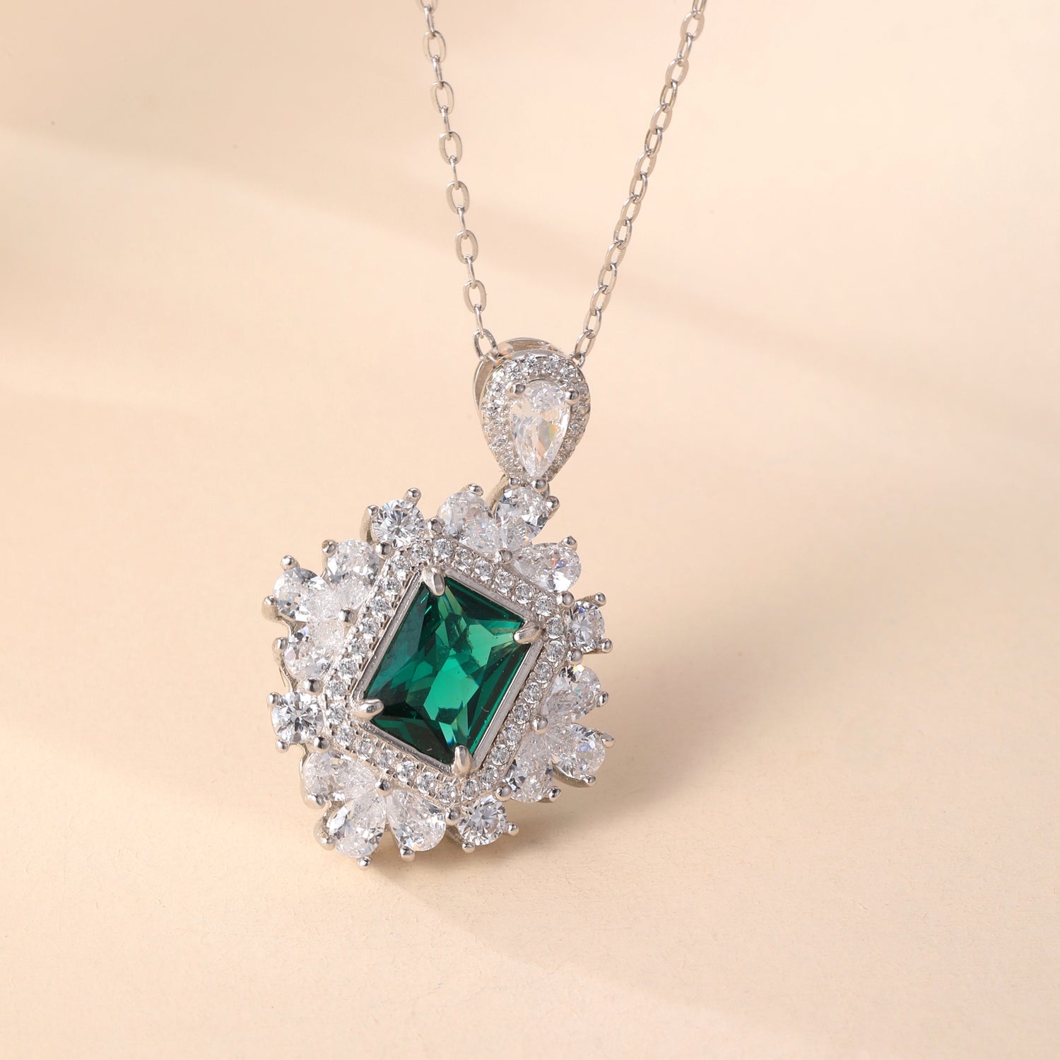 Sterling Silver Cubic Zirconia Emerald - Cut Green Centerpiece Pendant Necklace