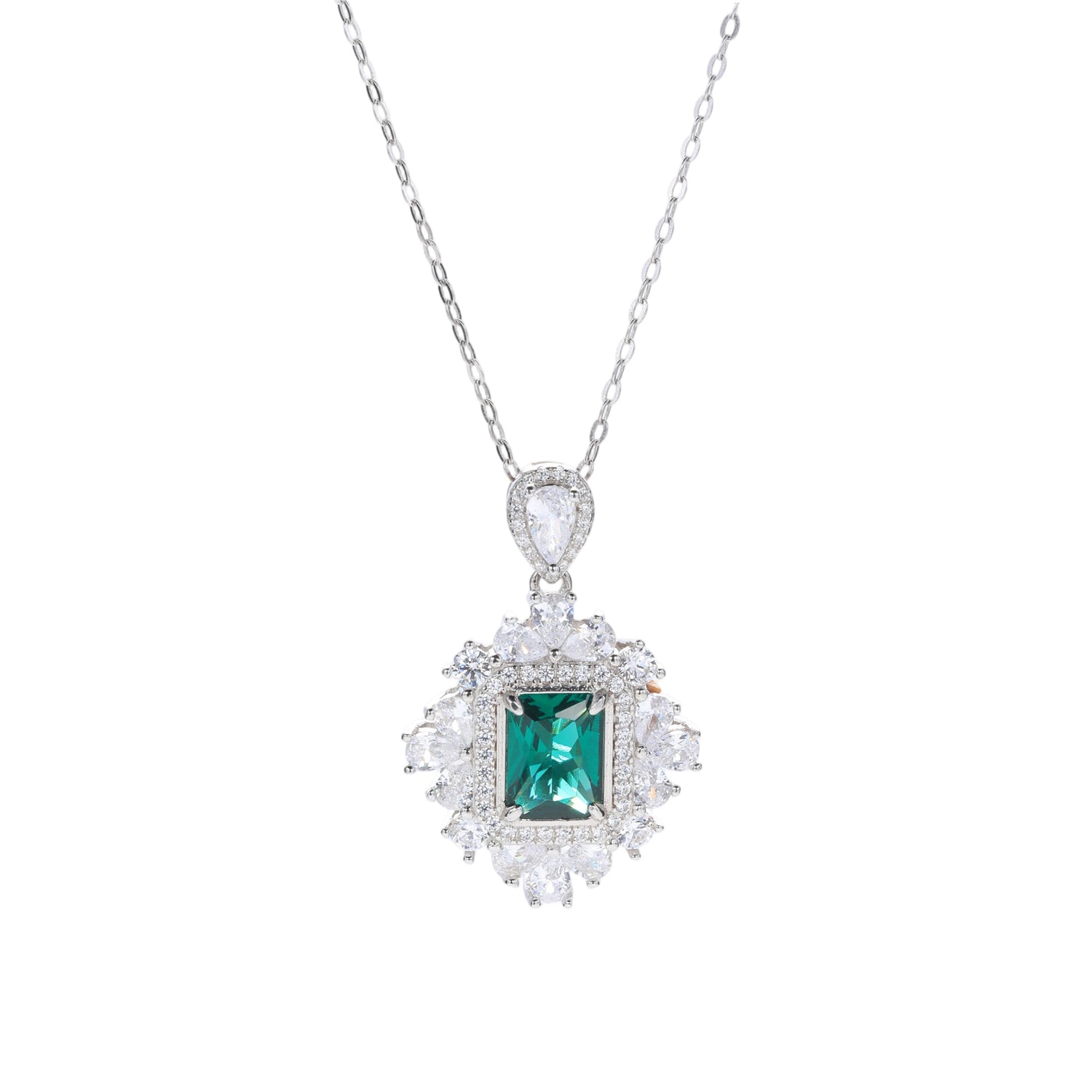 Sterling Silver Cubic Zirconia Emerald - Cut Green Centerpiece Pendant Necklace
