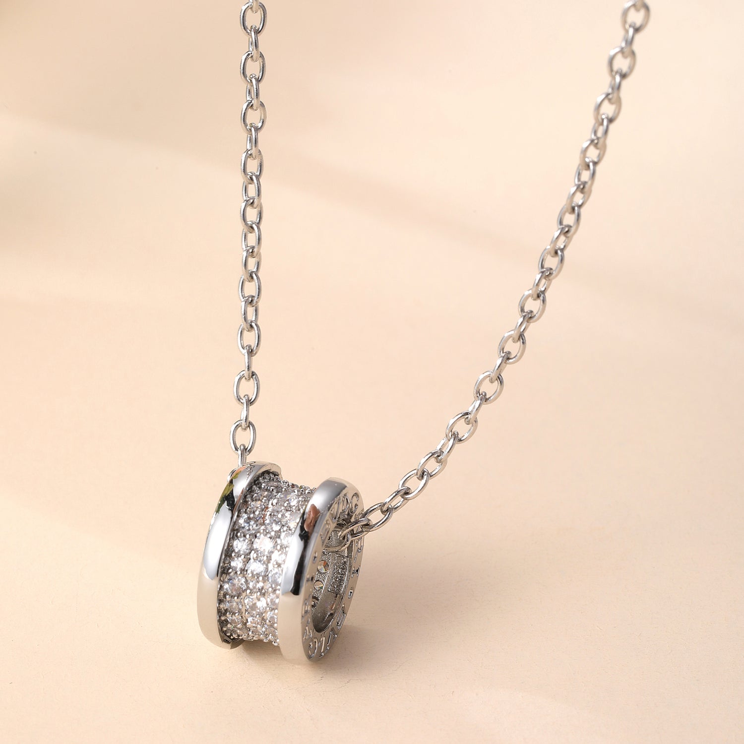 Sterling Silver Cubic Zirconia Encrusted Cylindrical Pendant Necklace