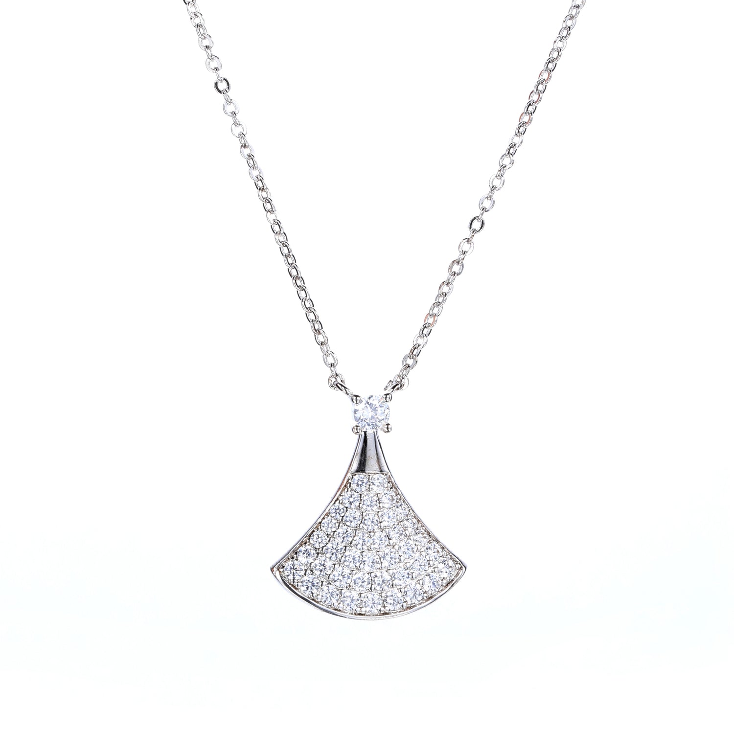 Sterling Silver Cubic Zirconia Fan - Shaped Pendant Necklace