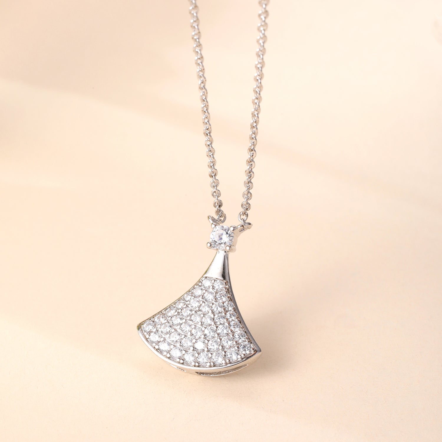 Sterling Silver Cubic Zirconia Fan - Shaped Pendant Necklace