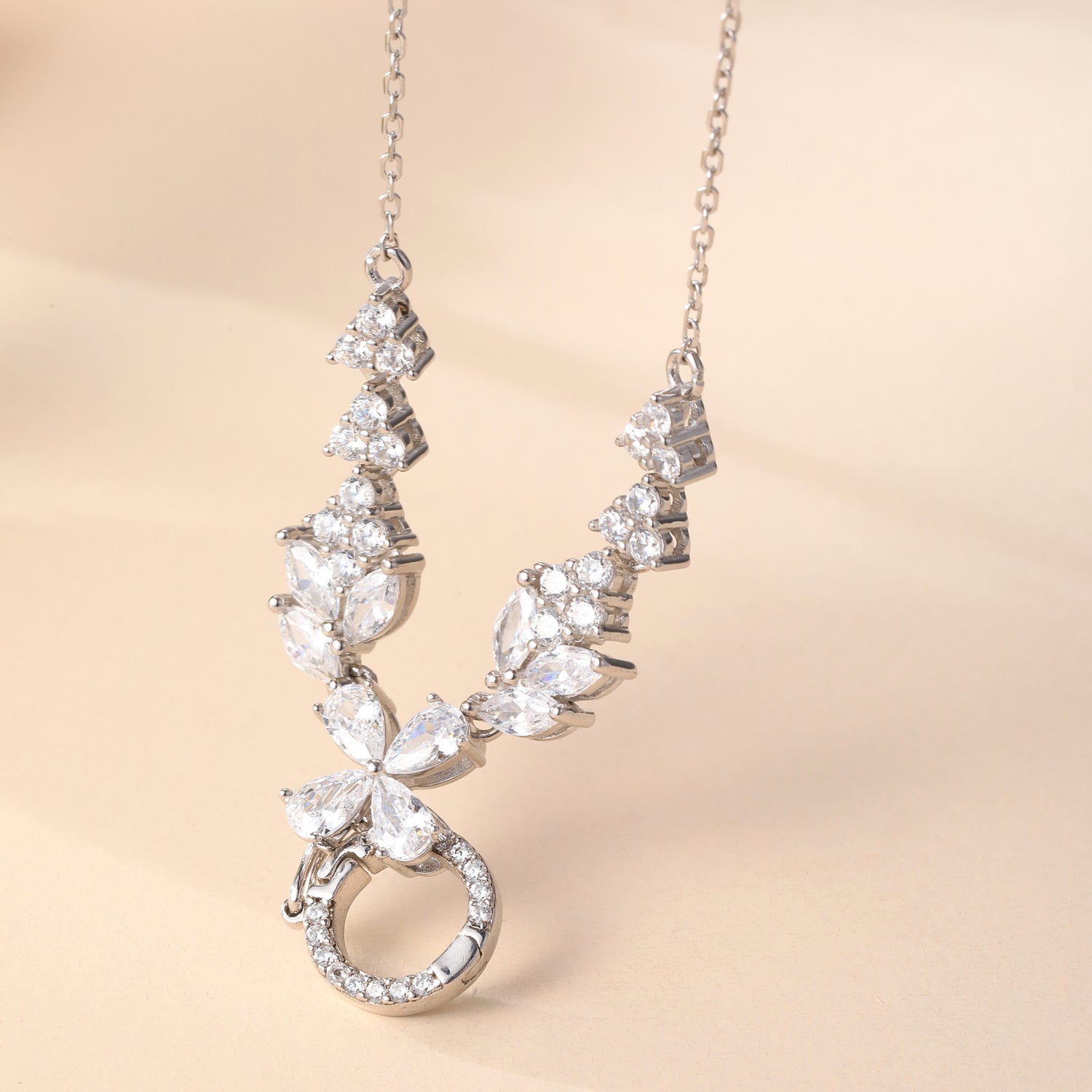 Sterling Silver Cubic Zirconia Floral and Circular Pendant Necklace