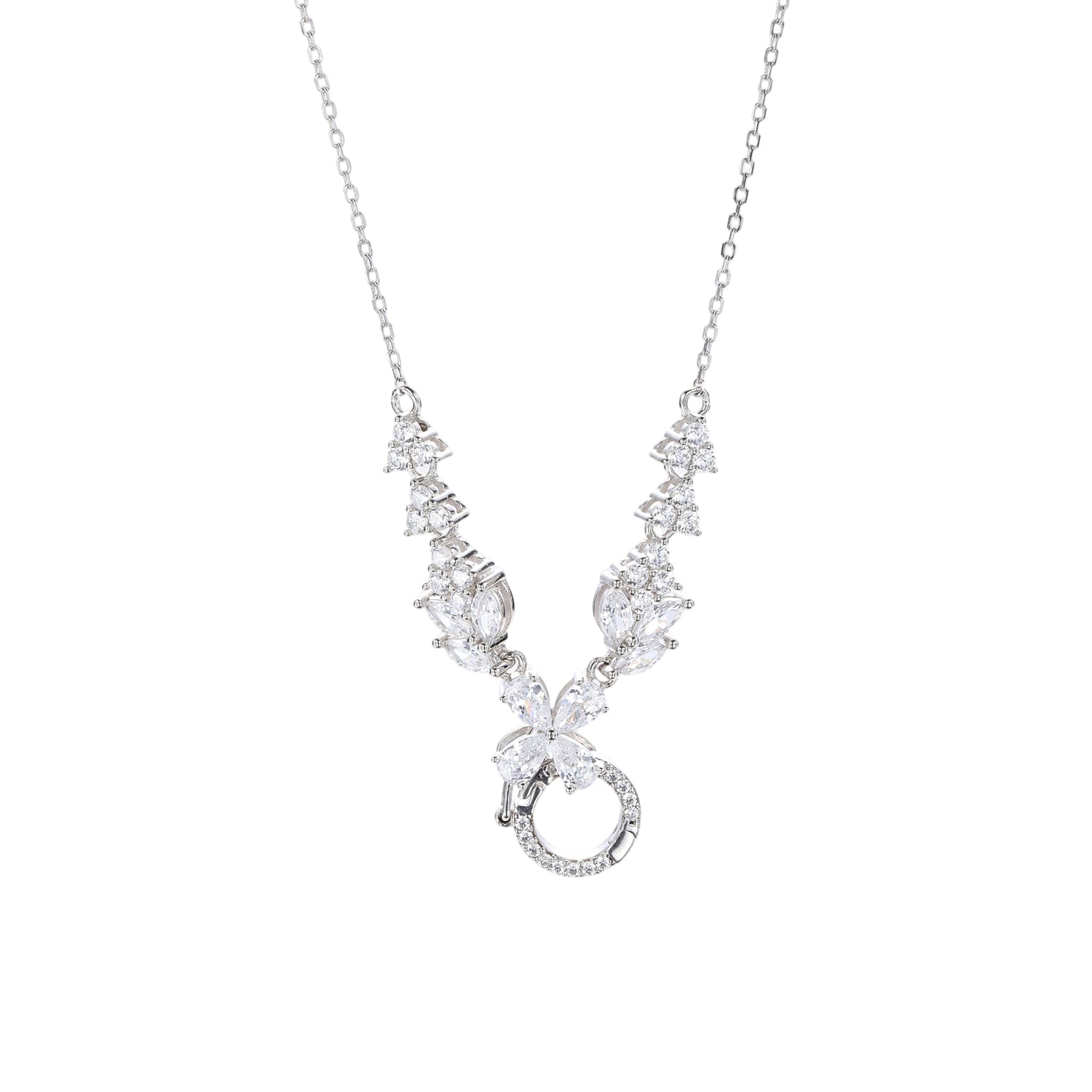 Sterling Silver Cubic Zirconia Floral and Circular Pendant Necklace