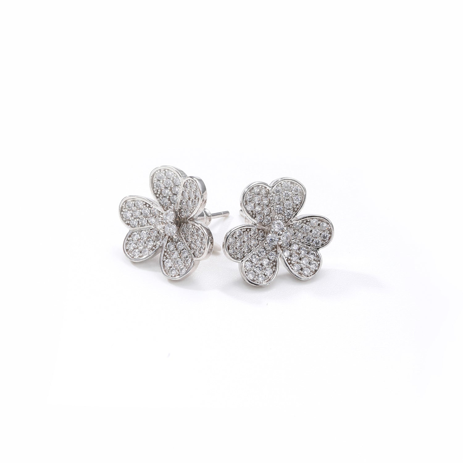 Sterling Silver Cubic Zirconia Flower - Shaped Stud Earrings